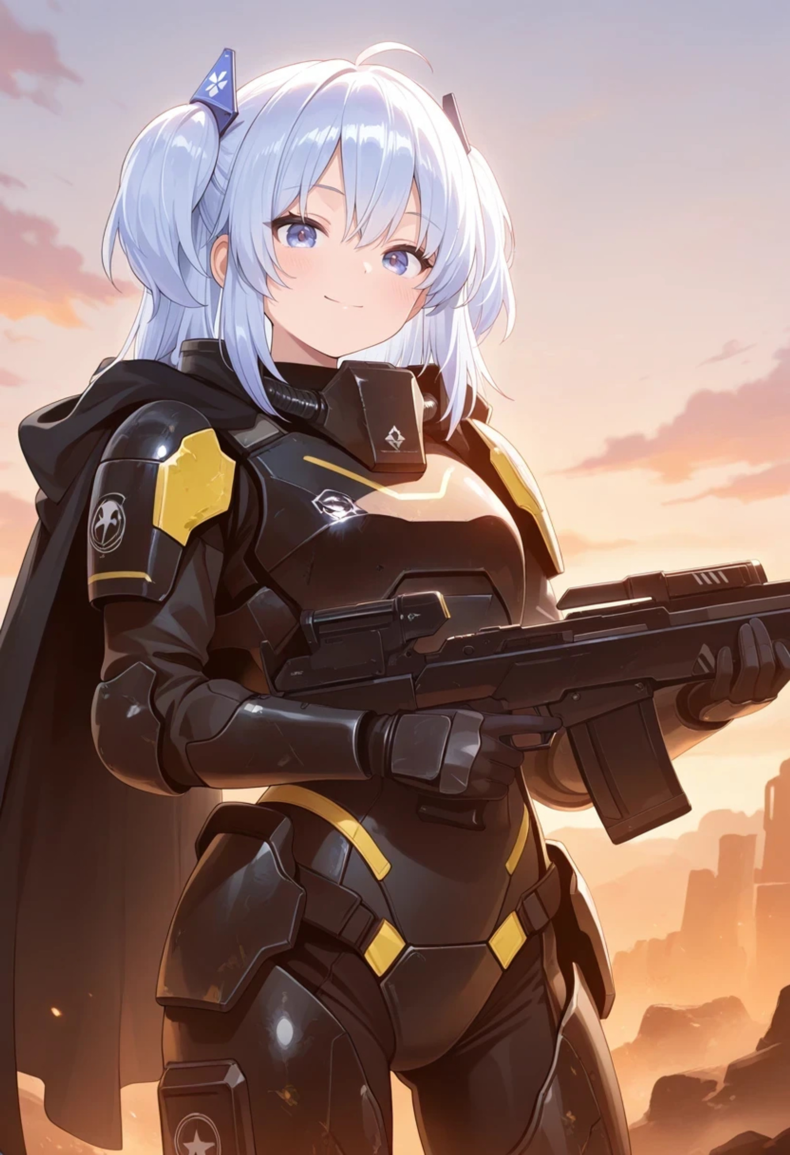 masterpiece,best quality,absurdres,1girl,
smile,
holding,rifle,black cape,
<lora:training_5545125-20260302075658210:1>,sunao,hair ornament,
full armor,helldivers \(series\),science fiction,power armor,