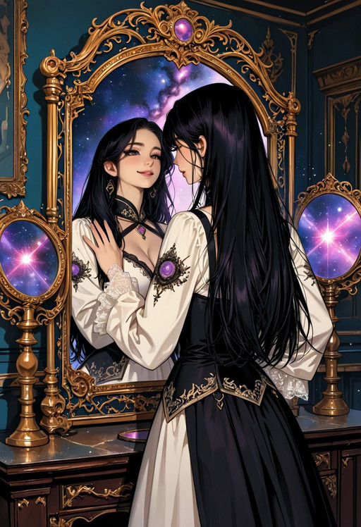 masterpiece, best quality, ultra detailed, absurdres, 8k, highly detailed, AAA game illustration, 2d animation semi realistic (1.2), 1girl, solo, 
<real world : beautiful korean woman, gentle expression, angelic smile, elegant white dress, long straight black hair, flowing hair, pure appearance, semi-realistic anime, anime realism, 2.5D anime, illustrated realism, visual novel CG, fantasy artwork, cinematic anime, standing before an ornate gothic mirror, Touching the mirror, facing the mirror>, 
mirror reflection showing an alternate self, dual personality concept, 
mirror reflection differs from reality, good self and dark self, 
<mirror world : sexy dress, pure appearance, mirror reflection wearing black gothic outfit, dark fantasy fashion, confident expression, mischievous smile, seductive aura, opposite color scheme, purple cosmic mirror, nebula inside mirror, galaxy effects, magic mirror, mirror portal, cosmic energy, floating particles, ethereal atmosphere>
ornate baroque interior, luxury gothic room, fantasy palace, 
dreamlike atmosphere, dark fantasy environment, cinematic composition, dramatic perspective, depth of field, soft rim light, volumetric fog, ambient lighting, high contrast, rich shadows, extremely detailed eyes, extremely detailed hair, detailed fingers, realistic fabric folds, detailed embroidery, sharp focus, professional concept art