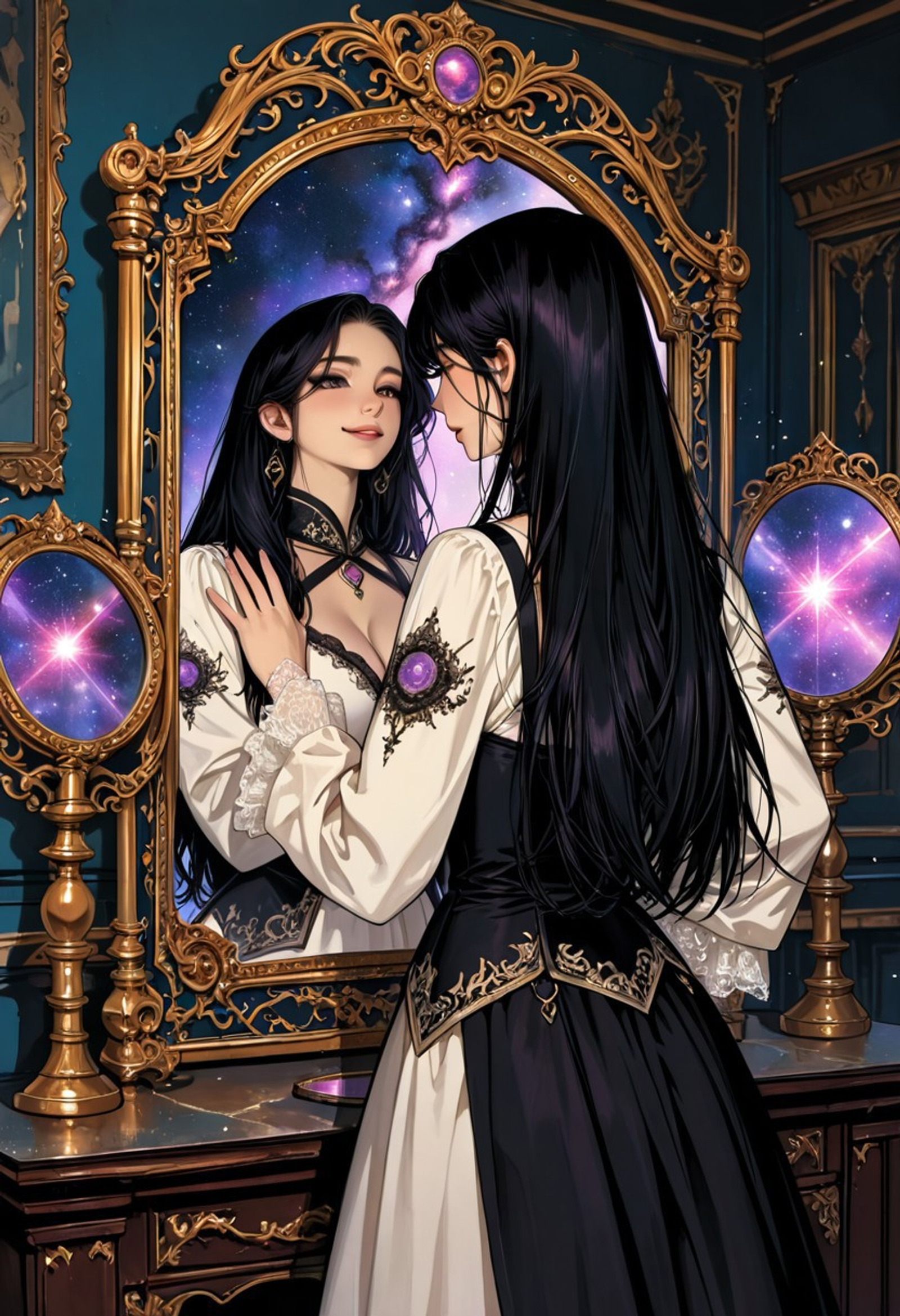 masterpiece, best quality, ultra detailed, absurdres, 8k, highly detailed, AAA game illustration, 2d animation semi realistic (1.2), 1girl, solo, 
<real world : beautiful korean woman, gentle expression, angelic smile, elegant white dress, long straight black hair, flowing hair, pure appearance, semi-realistic anime, anime realism, 2.5D anime, illustrated realism, visual novel CG, fantasy artwork, cinematic anime, standing before an ornate gothic mirror, Touching the mirror, facing the mirror>, 
mirror reflection showing an alternate self, dual personality concept, 
mirror reflection differs from reality, good self and dark self, 
<mirror world : sexy dress, pure appearance, mirror reflection wearing black gothic outfit, dark fantasy fashion, confident expression, mischievous smile, seductive aura, opposite color scheme, purple cosmic mirror, nebula inside mirror, galaxy effects, magic mirror, mirror portal, cosmic energy, floating particles, ethereal atmosphere>
ornate baroque interior, luxury gothic room, fantasy palace, 
dreamlike atmosphere, dark fantasy environment, cinematic composition, dramatic perspective, depth of field, soft rim light, volumetric fog, ambient lighting, high contrast, rich shadows, extremely detailed eyes, extremely detailed hair, detailed fingers, realistic fabric folds, detailed embroidery, sharp focus, professional concept art