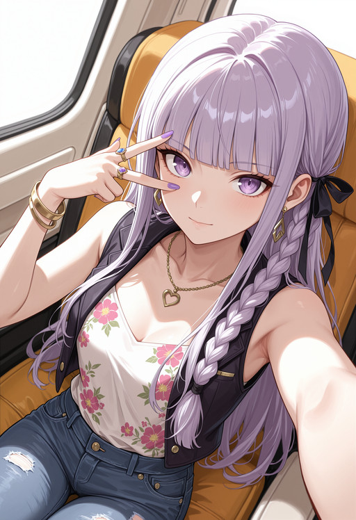 masterpiece, best quality, highres, absurdres, very awa, 1girl, solo, ky0kodef, long hair, purple hair, blunt bangs, single braid, side braid, hair ribbon, black ribbon, vest, sleeveless, floral print, fashion, jewelry, earrings, airplane interior, selfie, outstretched arm, taking picture, purple eyes, jeans, necklace, nail polish, bracelet, ring, reaching towards viewer, sitting, looking at viewer, peace sign, hand up, v over eye, light smile, closed mouth