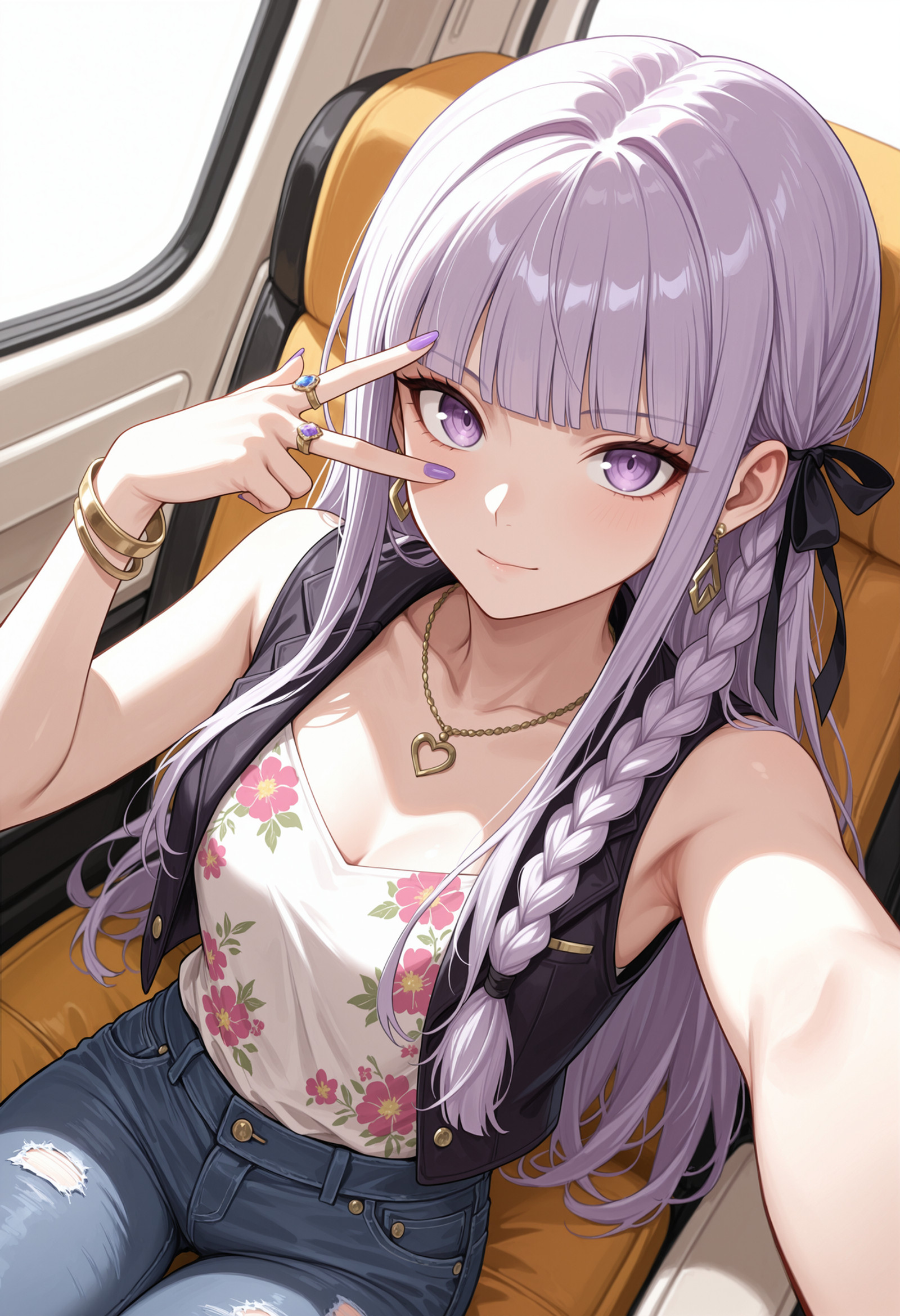 masterpiece, best quality, highres, absurdres, very awa, 1girl, solo, ky0kodef, long hair, purple hair, blunt bangs, single braid, side braid, hair ribbon, black ribbon, vest, sleeveless, floral print, fashion, jewelry, earrings, airplane interior, selfie, outstretched arm, taking picture, purple eyes, jeans, necklace, nail polish, bracelet, ring, reaching towards viewer, sitting, looking at viewer, peace sign, hand up, v over eye, light smile, closed mouth