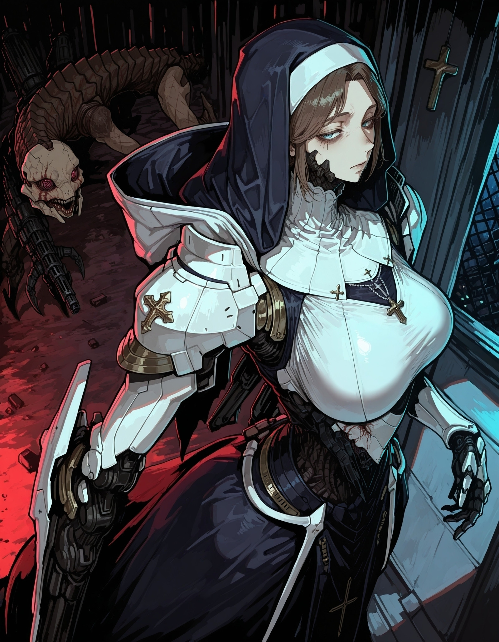 (masterpiece, best quality, aesthetic),  side view, 3/4 view, aiming at away, (gun instead of hand:1.2), machine gun, biopunk, exoskeleton, biomechanical, (mechanical), (bioarmor), (live armor), stands at half a turn, bad anatomy, biopunk humpback, biomechanical armor, shoulder armor, full armored arms, white armor,
detailed background, inside, segmented body, night, battlefield, (high angle), 
<lora:NAI_vpred_fix:0.7> <lora:1equals2_V1_6_NoobAI:0.4> <lora:Megrim_Haruyo_Style:0.7> <lora:kanvassolaris:0.4> <lora:neisanCIVITAI:0.6> <lora:fav_Mature_Ver3.0:0.35>
