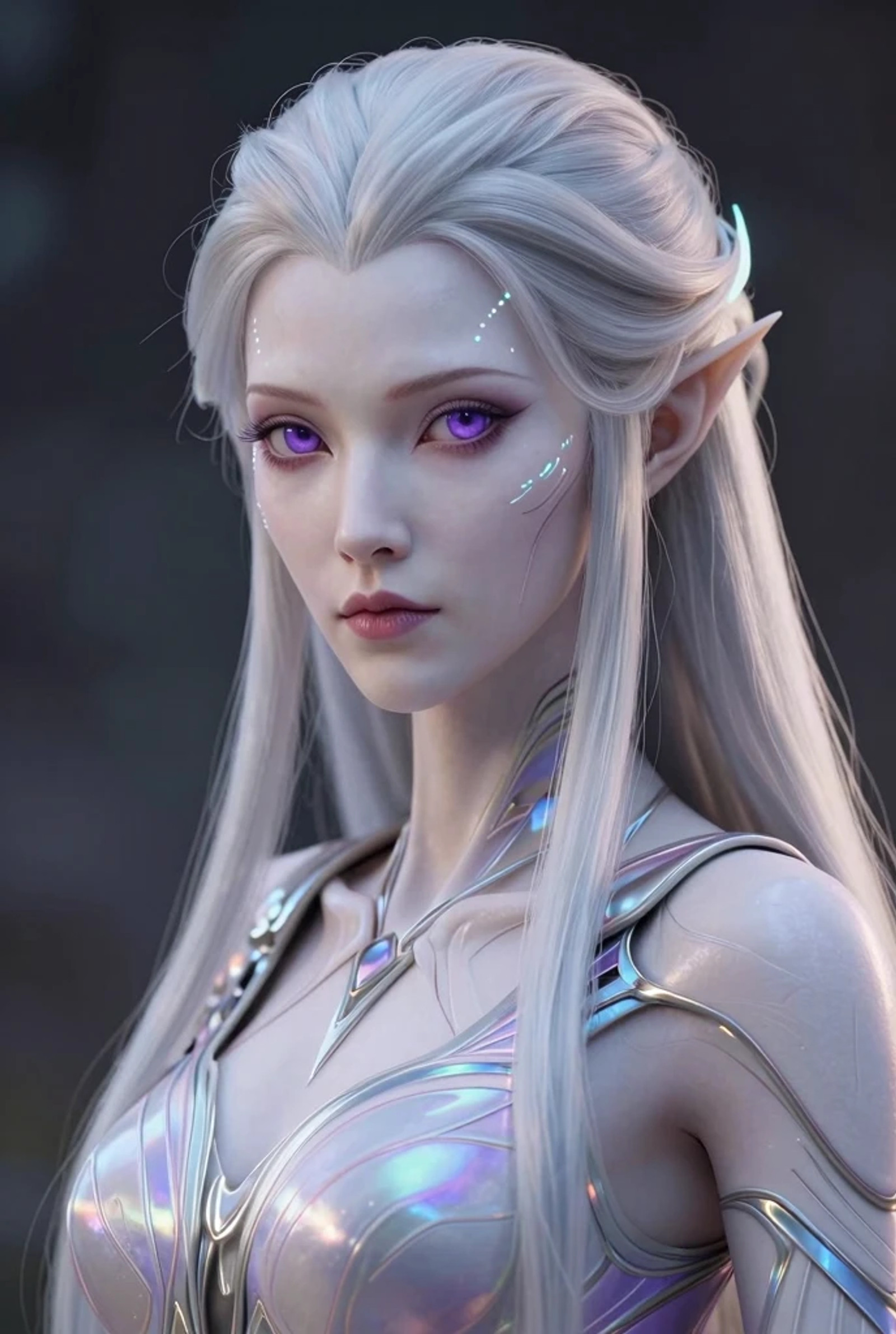 A humanoid female alien with smooth porcelain-white skin and luminous purple eyes, elegant and otherworldly. Her facial features are refined and symmetrical, with subtle bioluminescent markings along her temples and cheekbones. She has long, flowing silver-white hair that softly glows at the edges. Her physique is slender and graceful, clearly alien yet recognizably human. She wears a futuristic, form-fitting outfit made of iridescent materials, blending organic and advanced technology. Cinematic lighting, soft rim light highlighting her silhouette, ultra-detailed skin texture, sci-fi fantasy style, high resolution, sharp focus, dramatic but serene mood.