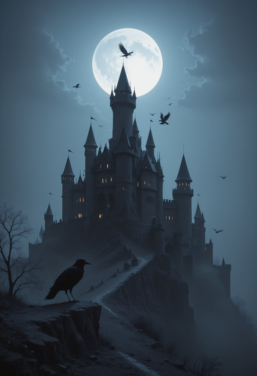 silhouette, crows, ground level, moonlight, cinematic, dark shadows, volumetric fog, castle backdrop.
masterpiece, amazing quality, best quality, fine texture, realistic, extremely detailed