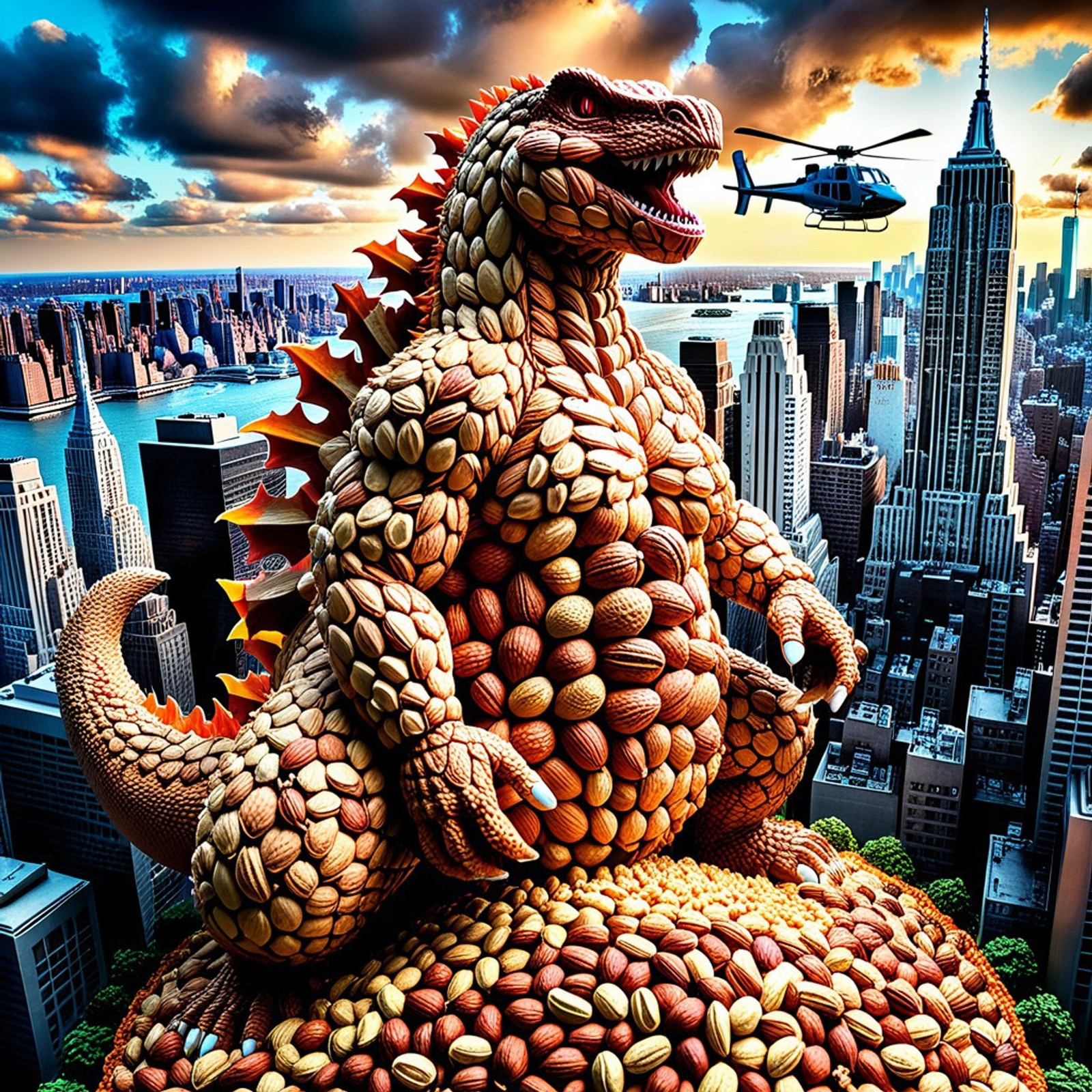very colorful, nutstylesnut style, nutstylesnut World Morph theme, New York City made of nuts, 8k, Ultra close-up photo masterpiece, tack sharp shot, dramatic wide angle, absurdres, detailed, subject focus, ultra sharp. dramatic cinematic sun rays and dramatic weather lighting.
((Godzilla made of nuts in nutstylesnut style (climbing up a high very detailed skyscraper made of nuts in nutstylesnut style in the middle of New York City), ((Helicopters circling around Godzilla and the high skyscraper, holding a smoking giant nut))), from above, from_above, dramatic angle). detailed New York Skyline made of nuts in nutstylesnut style background, intricate motif, contrasts. looking at viewer. Ultra close-up.