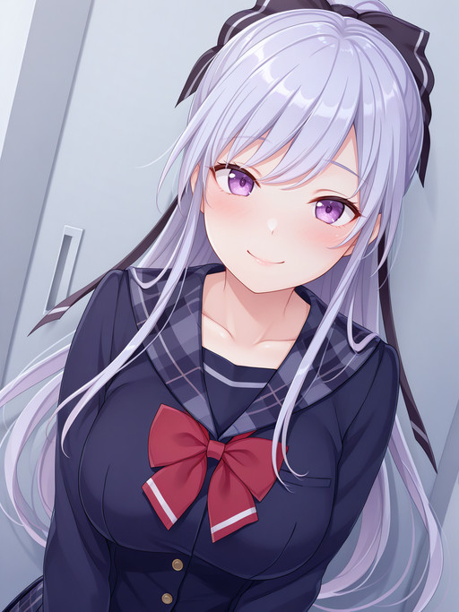 embedding:lazypos, 1girl, straight-on

Kisaragi Mizuha, purple eyes, ponytail, hair bow,
serafuku, plaid sailor collar, red bowtie, blue shirt

aroused smile, looking at viewer



