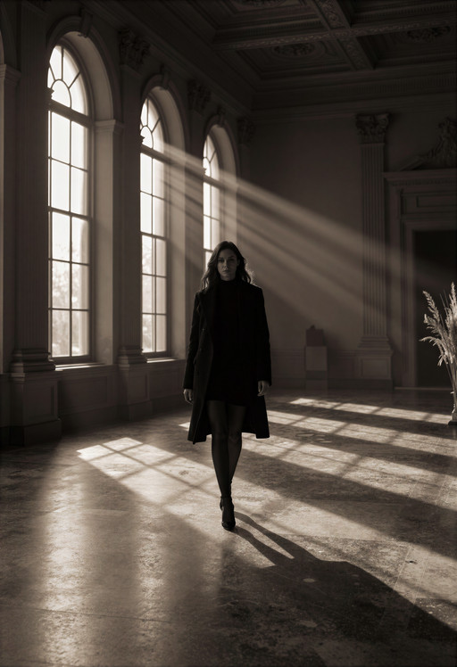A timeless cinematic scene shows a 32-year-old woman walking through a vast shadowed hall, her figure rendered mostly as a clean black silhouette against radiant golden-hour light. She wears a structured dark coat, a short elegant dress, and high heels, her long hair moving softly as she steps forward with quiet confidence. The architecture around her feels ancient and grand, with tall arched windows, worn stone columns, reflective marble flooring, and faint decorative plants or dried grasses catching the light near the edges of the frame. The composition is asymmetrical and dramatic, captured with a strong dutch angle from a slightly low viewpoint, placing the woman off-center as she crosses through diagonal shafts of sunlight and long stretched shadows. A cinematic 35mm lens frames her full figure within the spacious interior, with deep atmospheric perspective, luminous haze, and soft bokeh particles suspended in the air. The lighting merges monochrome elegance with golden warmth, using bright amber sunlight pouring through the windows, deep charcoal shadows across the architecture, and glowing reflections on the polished floor. The mood is quiet, mysterious, beautiful, and timeless, with a refined balance between black-and-white silhouette photography and warm golden fantasy atmosphere. The materials feel tactile and premium, with stone, glass, dust, fabric, hair, and reflective flooring rendered in photoreal detail with a subtle painterly cinematic finish. <lora:zit_ta86_yal_HYFpunk_V1:0.1> <lora:zit_ta86_paintitv2:0.2> <lora:ZIT_photolab_v2:0.2>