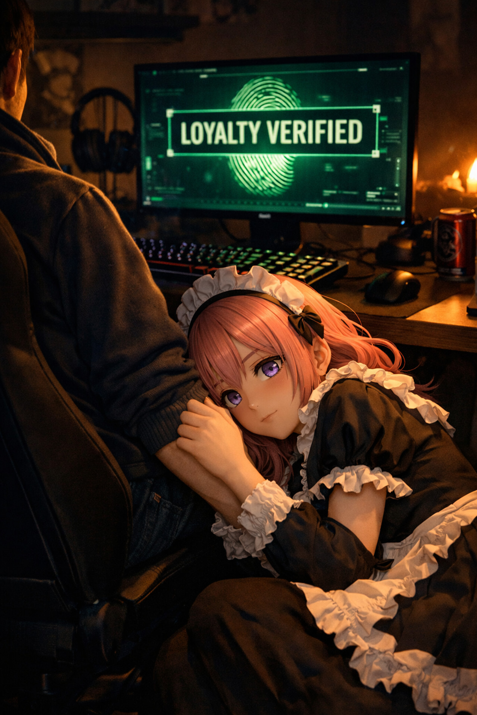 t2i:
Dark room lit by monitor glow; CivChan (purple eyes, loose pink hair with gentle bangs, frilled maid uniform) curled beside her boyfriend's chair holding his hand like it's mission-critical hardware, screen reads LOYALTY VERIFIED, cozy cinematic lighting, sweet protective humor.

i2i:
Correct how she holds her hands around his arm. His hand and fingers are not visible.