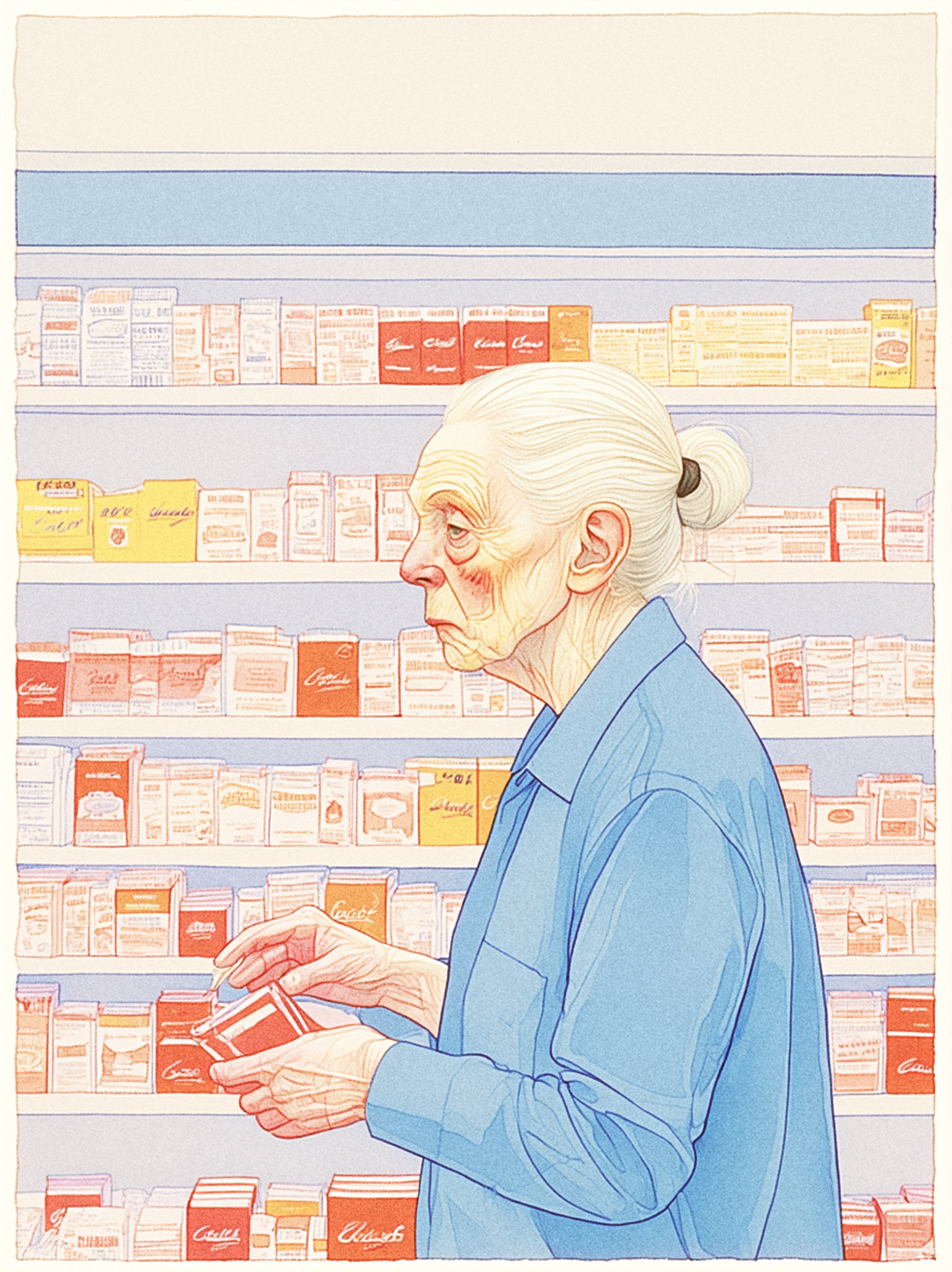 this is a gouache illustration with detailed linework. an old woman shopping for cigarettes at the bodega