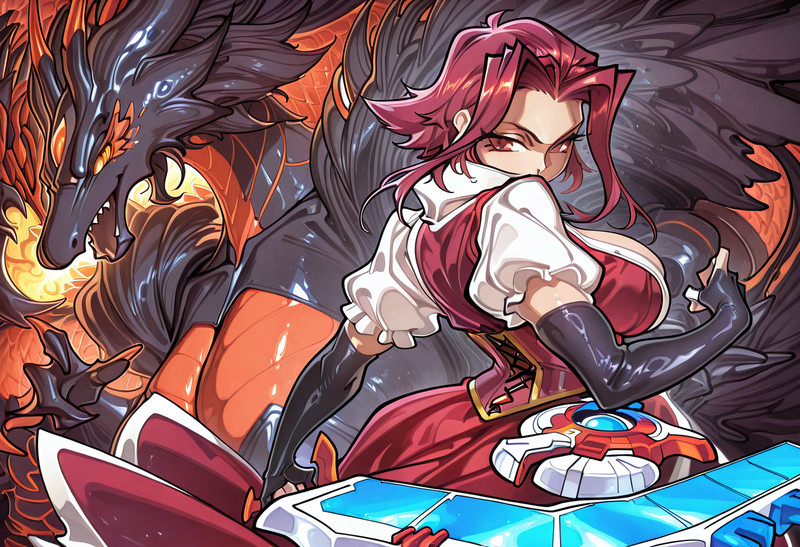 @rella, @yoneyama mai, duel monster , (black rose dragon :1.2), izayoi aki, duel disk, puffy short sleeves, sh