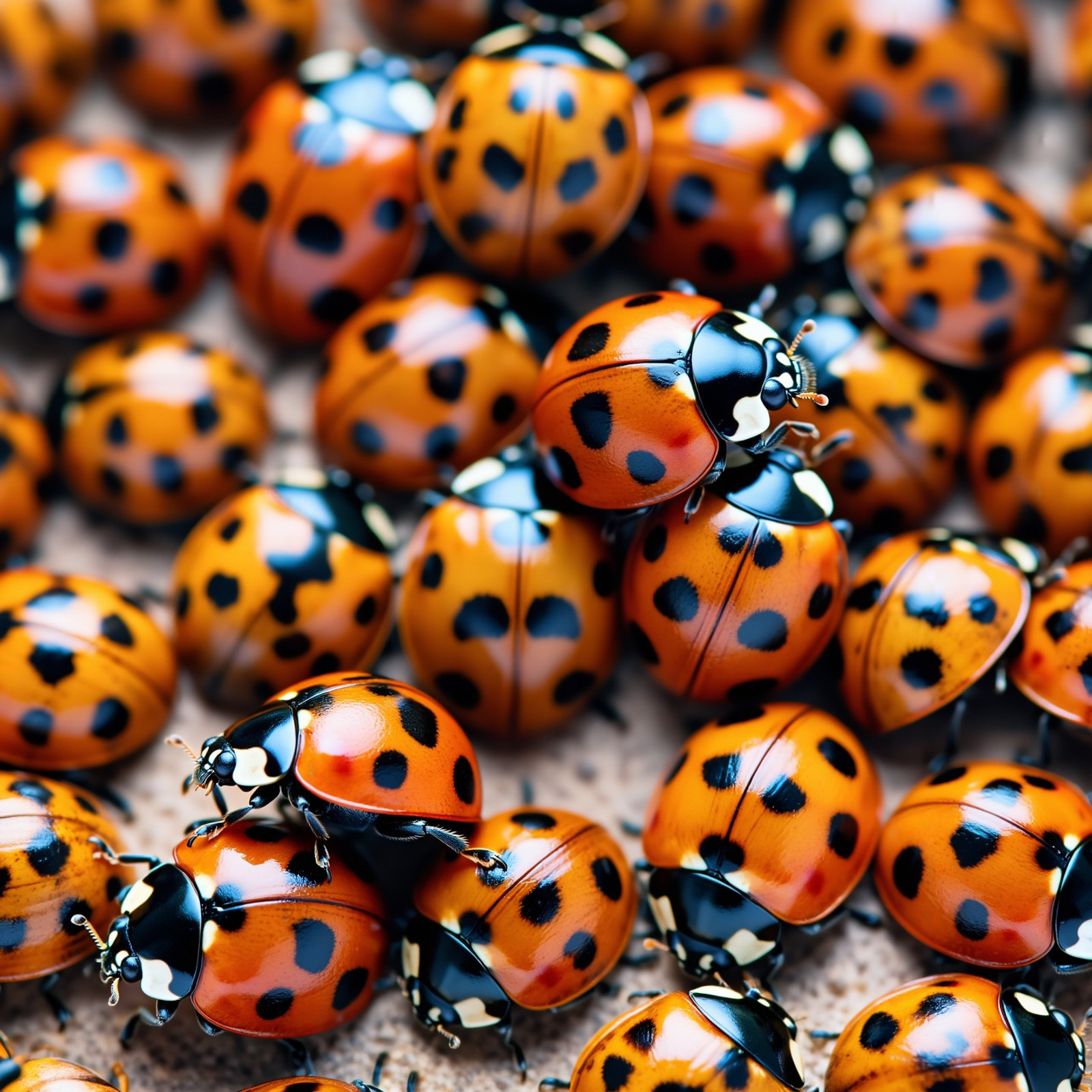 Cinematic photograph, overhead viewpoint. A busy scene. ladybug with dice spots