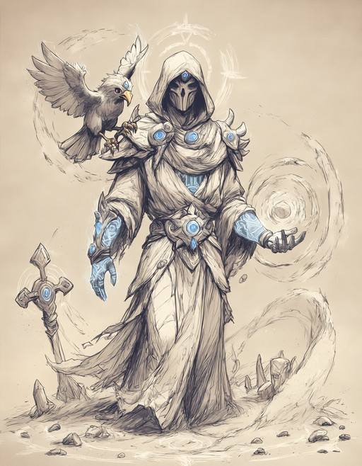 @fantasysketchseven, masterpiece, best quality, score_9, score_8, score_7,
1boy, solo, flowing tattered robes, glowing blue tattoos along arms, ancient stone gauntlet summoning sand wraith, pet falcon with gem eyes perched on shoulder, face partially veiled, giant sun-bleached bones in background, swirling desert winds, mirage distortions, heat haze lighting, arcane summoning circle drawn in sand, relics buried around, muted warm color palette, dynamic swirling pose, brushy textures, golden hour contrast
<lora:fantasysketchseven:1.0>