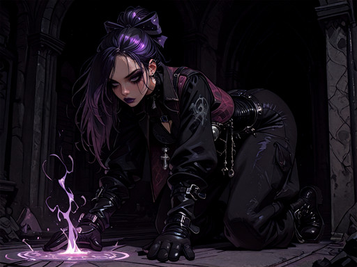 masterpiece, best quality, amazing quality, very aesthetic, high resolution, ultra-detailed, absurdres, newest, 1girl, goth theme, solo,windswept dramatic flip hair,(purple lipstick, goth makeup, silver jewelry, character centered), velvet hair bow with chains, brocade vest with buckles, velvet harem pants, riveted harness coat, harness-buckled boots, gothic lace mittens, , casting magic spell forward, <lora:Jack_Caylessv:1> j4ckc41l3ss,