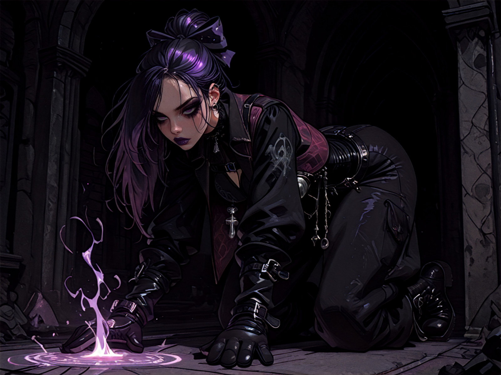 masterpiece, best quality, amazing quality, very aesthetic, high resolution, ultra-detailed, absurdres, newest, 1girl, goth theme, solo,windswept dramatic flip hair,(purple lipstick, goth makeup, silver jewelry, character centered), velvet hair bow with chains, brocade vest with buckles, velvet harem pants, riveted harness coat, harness-buckled boots, gothic lace mittens, , casting magic spell forward, <lora:Jack_Caylessv:1> j4ckc41l3ss,
