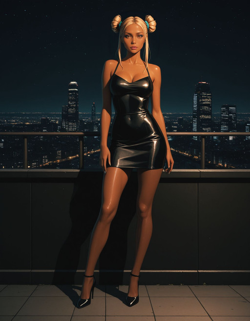 very awa, vibrant, stunningly beautiful, crisp, detailed, sleek, ultramodern, subtle shadows, high contrast, cinematic, ultra detailed, intricate, professional, solo,
<lora:OCFl0r3nce:1.0>
OCFl0r3nce, dark Skin, make up, Twin buns, blonde hair, brown eyes, 
looking at viewer,
high heels, dress, sleeveless dress, bare shoulders, full body, night sky, outdoors, black footwear, cityscape, standing, short dress