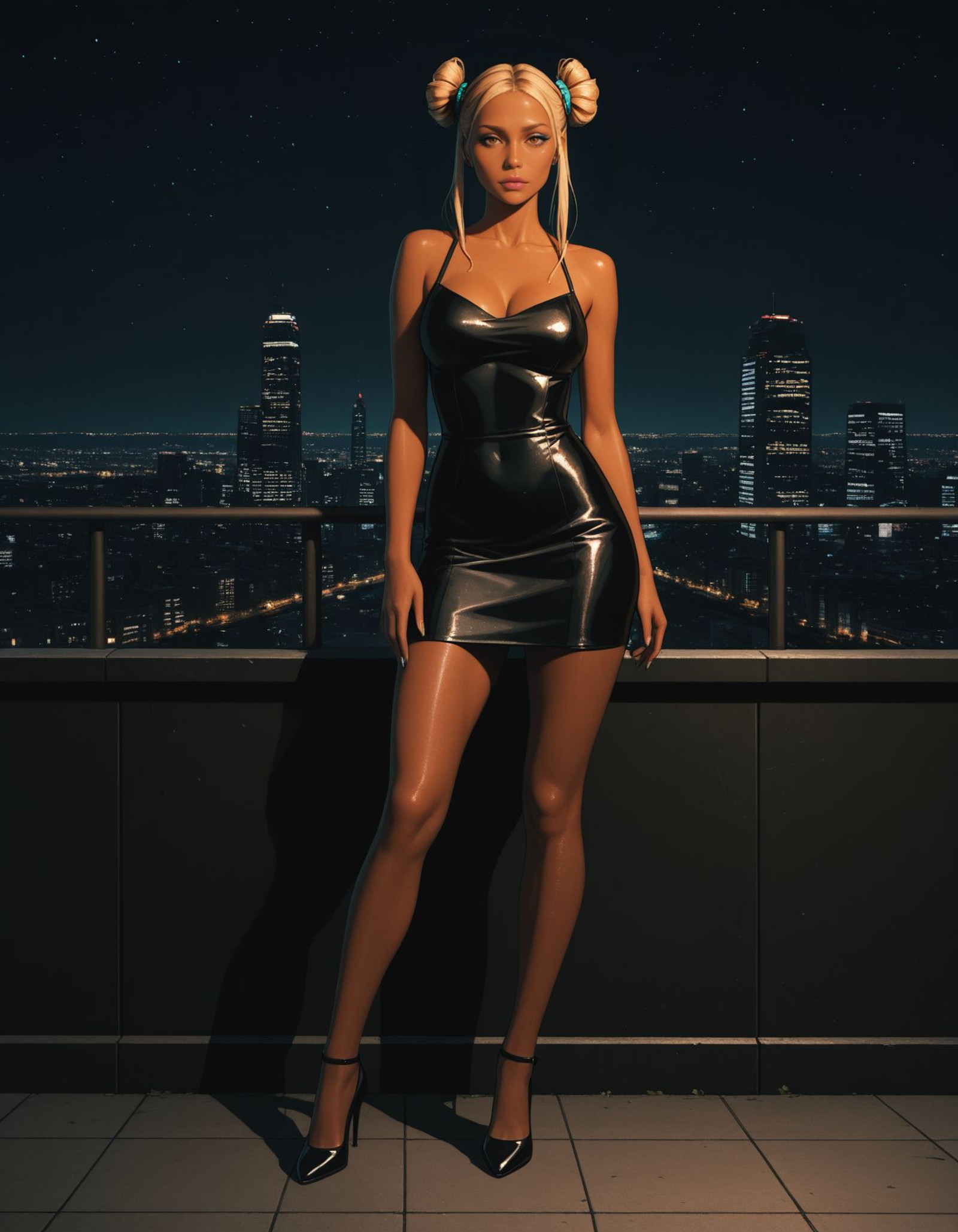 very awa, vibrant, stunningly beautiful, crisp, detailed, sleek, ultramodern, subtle shadows, high contrast, cinematic, ultra detailed, intricate, professional, solo,
<lora:OCFl0r3nce:1.0>
OCFl0r3nce, dark Skin, make up, Twin buns, blonde hair, brown eyes, 
looking at viewer,
high heels, dress, sleeveless dress, bare shoulders, full body, night sky, outdoors, black footwear, cityscape, standing, short dress