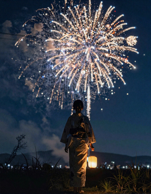 A cinematic night scene capturing a young woman in traditional Japanese attire standing in a field, watching a spectacular fireworks display in the sky. The composition is backlit, rendering the woman mostly in silhouette while emphasizing the brilliant explosions behind her.

The woman stands slightly off-center, holding a small glowing lantern in one hand. The lantern emits a soft warm yellow light, illuminating part of her hand and sleeve. She wears a traditional yukata with subtle patterns, and her hair is styled neatly, possibly tied back or in a simple traditional arrangement.

Her posture is calm and upright, facing the fireworks, with her head slightly tilted upward. Her silhouette is elegant and clearly defined against the bright bursts of light.

The background sky is filled with multiple layers of fireworks exploding in different sizes and stages. Large central bursts radiate outward in symmetrical patterns, with fine streaks of light extending like spokes. Smaller fireworks bloom around them, creating depth and layering. Trails of sparks arc downward, leaving glowing paths.

The foreground includes silhouettes of grass and plants, adding depth and framing. Thin utility wires may faintly cross the scene, adding a subtle urban touch without distraction.

Lighting is dramatic and high contrast: bright, colorful fireworks (gold, white, orange, hints of blue) against a deep dark blue night sky. The lantern adds a secondary warm light source, balancing the composition.

The color palette is rich and vibrant, with strong warm highlights from fireworks contrasted against cool dark tones. The scene feels festive, nostalgic, and cinematic.pure immersive visual storytelling.

Shot with a telephoto lens, shallow depth of field, long exposure feel for fireworks trails, ultra-detailed sparks, cinematic lighting, high contrast, HDR rendering, film still aesthetic, ultra high resolution.