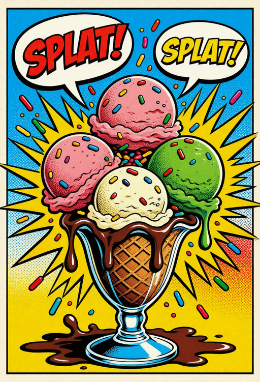 , pop art bold halftones, Enormous multicolored ice cream sundae collapsing, three scoops (strawberry, vanilla, mint) flying apart, chocolate syrup and rainbow sprinkles exploding outward, speech bubble screaming 'SPLAT!', classic 1960s American pop art, thick black contours, vibrant comic book palette, heavy Ben-Day dots