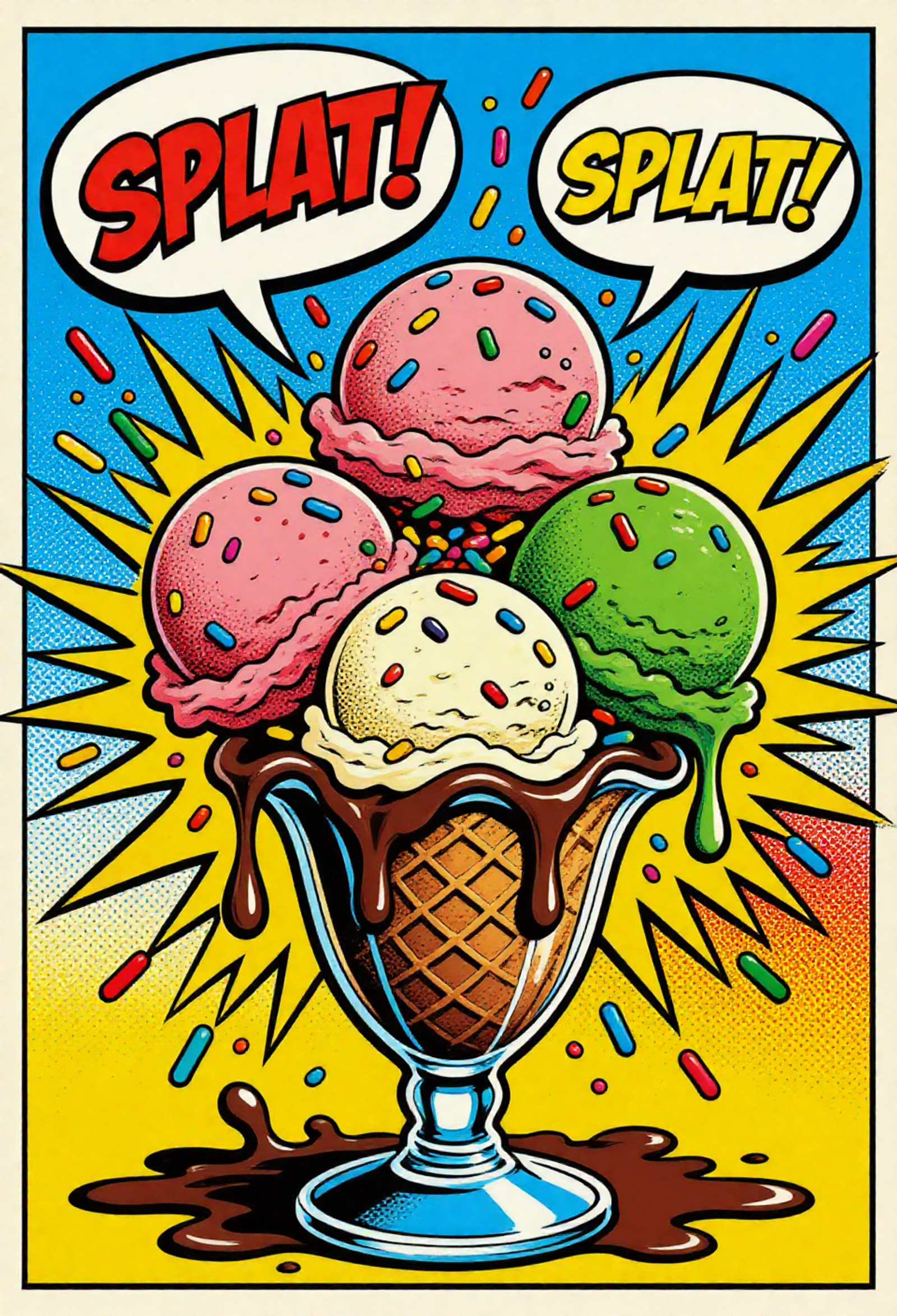 , pop art bold halftones, Enormous multicolored ice cream sundae collapsing, three scoops (strawberry, vanilla, mint) flying apart, chocolate syrup and rainbow sprinkles exploding outward, speech bubble screaming 'SPLAT!', classic 1960s American pop art, thick black contours, vibrant comic book palette, heavy Ben-Day dots