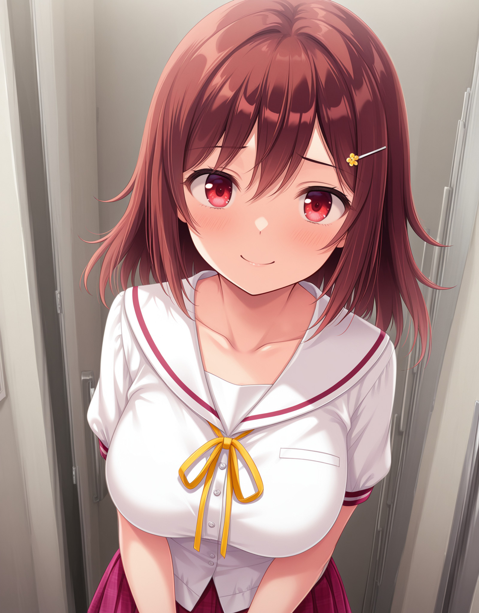 embedding:lazypos, 1girl, SMakoto, red eyes, brown hair, (red hair:0.7), hairclip, school uniform, sailor collar, yellow ribbon, white shirt, smile, looking at viewer, standing, upper body,


