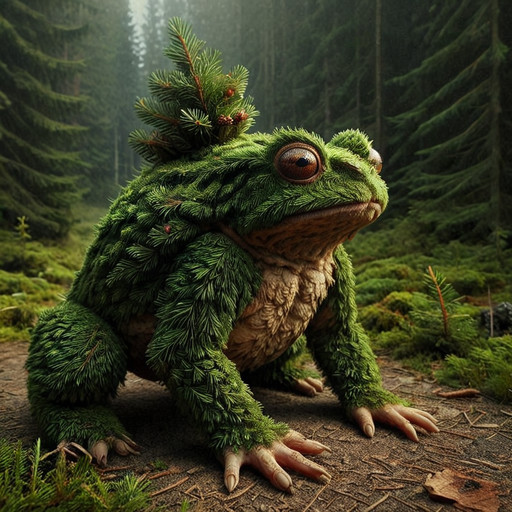 cinematic, h0rr0rstyl3, toad made out of fir needles on an empty surface, full body, digital art