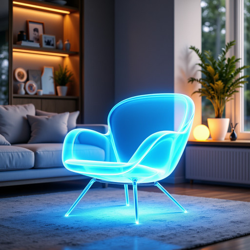 a half-transparent glowing Scandinavian armchair appearing as an augmented reality object in a modern living room, glowy edges, transparent glowing legs, perfectly clean surface, realistic room lighting and shadows, digital overlay aesthetic, smartphone AR demo style, 4k <lora:FL_IL_detailer:0.8>