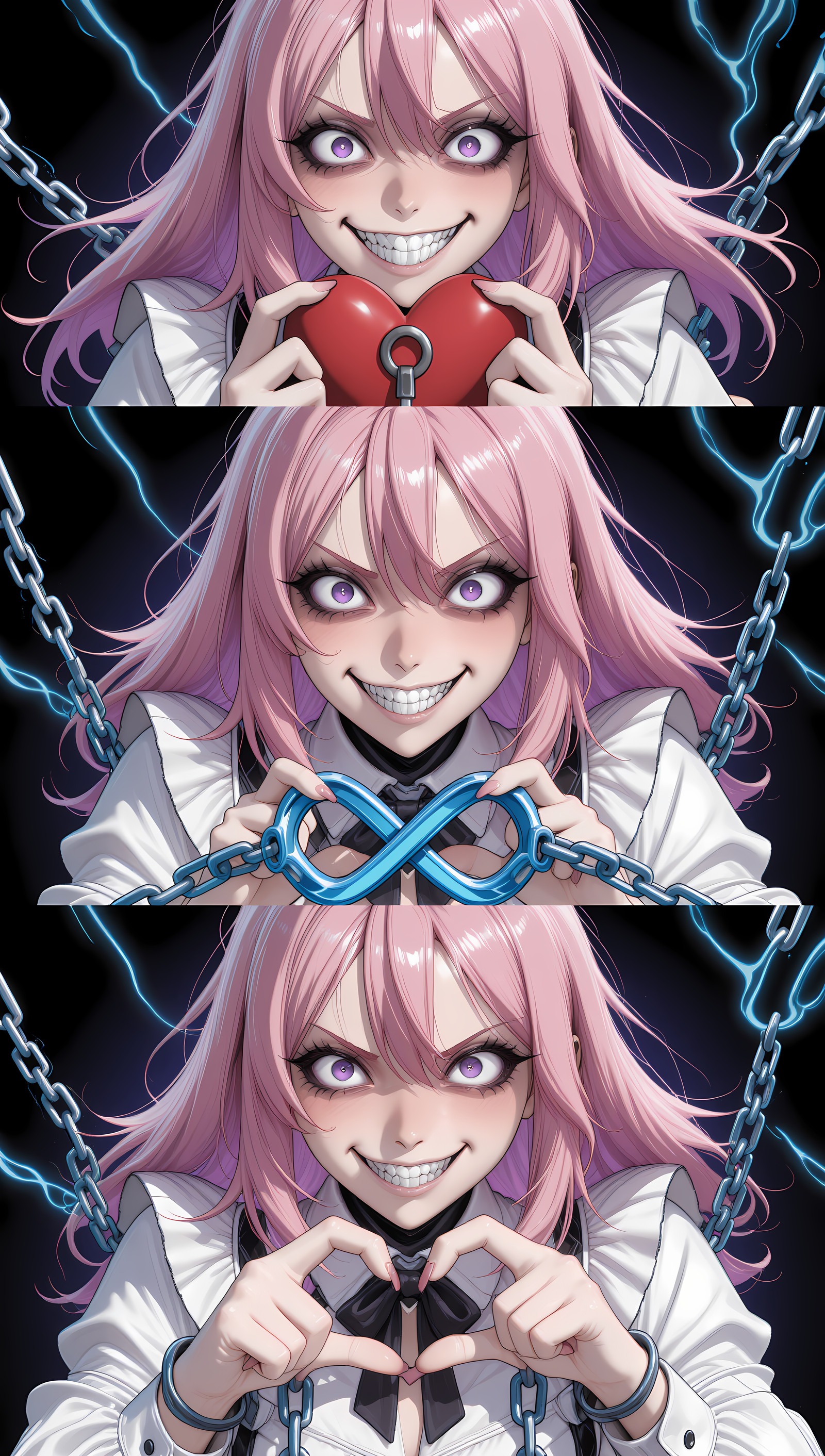 The Trinity of Obsession: (Triple Exposure style) C1VCH4N anime woman, pink-hair, wide purple eyes, manic grin. Three overlapping poses of her: one holding a locked heart, one an infinity symbol, and one pulling a linked blue energy chain.