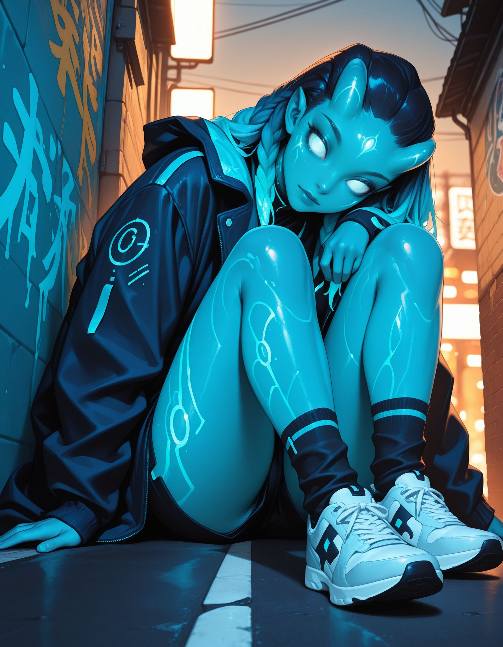 anime cinematic lighting, soft rim light, dynamic composition, detailed fabric folds, natural pose, shallow depth of field, warm color grading, ultra-detailed, masterpiece, best quality, solo, 
<lora:OCKa1n1a:1.0>
OCKa1n1a, alien, long hair, gradient hair, blue skin, blue hair, no pupils,
looking at viewer, 
sitting on street curb beside a graffiti wall, oversized jacket draped over shoulders, sneakers and layered socks, moody urban lighting