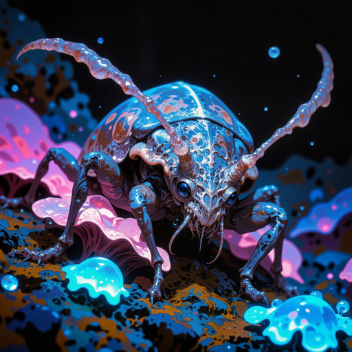 captivating and marvellous scenery on a distant world, award-winning macro photo, short depth of field, hyper realistic, ultra high definition, dim lighting, at night,  bioluminescence, subsurface scattering, the wee "grubby naggerbug" is a smackwinkeling marvel found in the damp, lumiglistening caves of the dimly lit world "blunderward x". this bioluminescent invertebrate sports a swallorfluxed, translucent carapace that refracts faint light into shimmering rainbows. its jinkleboggling antennae are very sensitive to the cave's eternal vibrations, allowing it to detect both predators and its favored food, the elusive "mossycling sparklemites." the creature's habitat features undulating walls of glistening stalagshimmer and faintly glowing fungal blooms, creating a truly snuggleflanking ecosystem, creature focus, very aesthetic, extremely detailed, ultra high resolution, 8k, 4k, harmonising colors, anthrazit grey and deep teal and royal purple and ivory and night blue and bordeaux red, ovg, in the style of ckpf, frank frazetta, amanoer, <lora:style-frank_frazetta-flux-by_artikuz_ai:0.36> <lora:style-yoshitaka_amano-elden_ring-flux-by_alicient:0.72> <lora:style-painterly_fantasy-flux-by_chronoknight:0.72> <lora:style-retro_anime-flux-by_lizardman245:0.2>