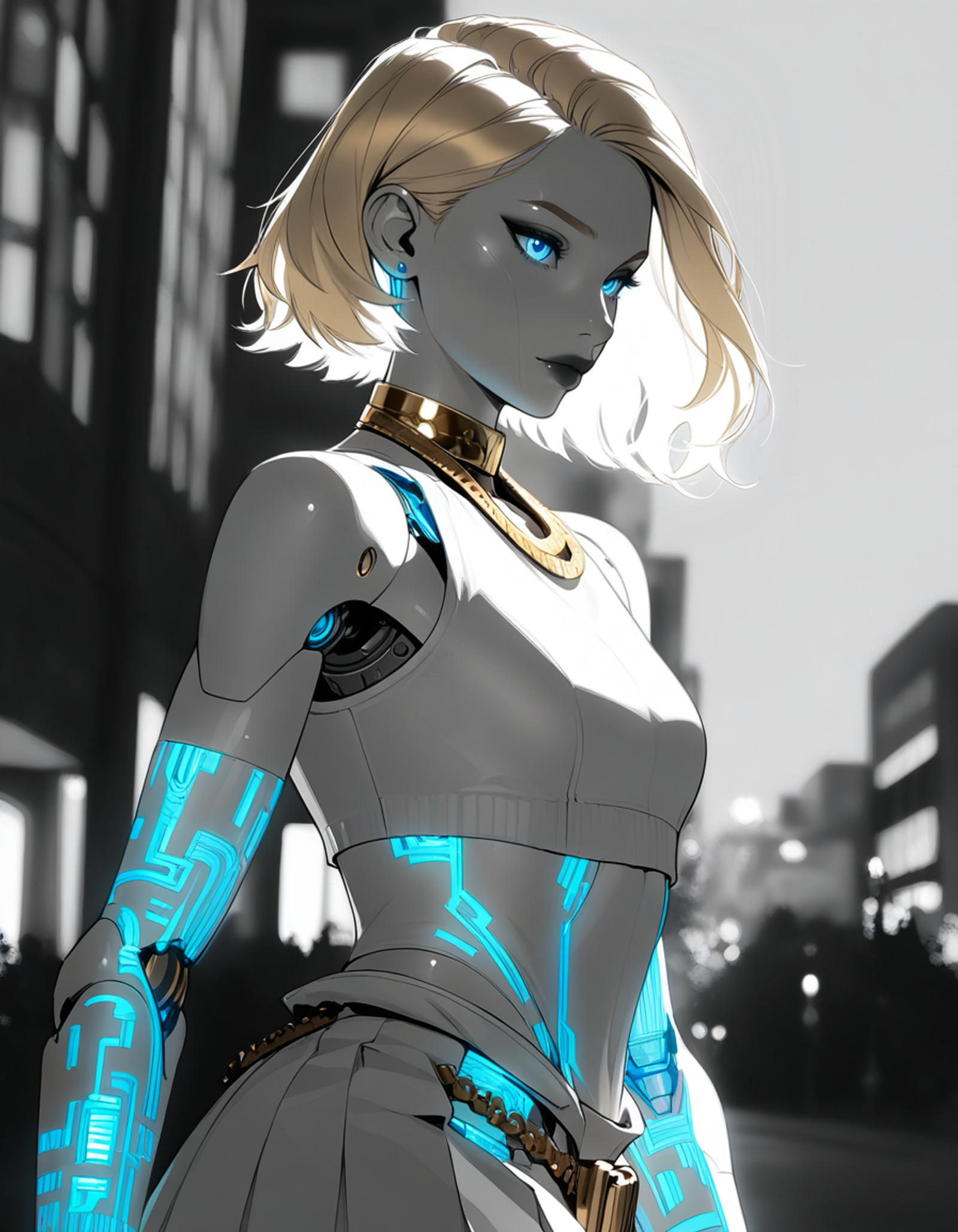 <lora:Utility_-_Detail_Enhancer_by_BSS_v3:0.75>, <lora:Utility_-_Visual_Enhancer_by_BSS:0.75>, 1girl, (a beautiful android female with delicate porcelain-like features and intricate glowing circuitry visible beneath translucent skin:1.2), in a flowing white dress that gently sways as she moves through a futuristic city park at sunset, with neon-lit skyscrapers and flowering trees around her, serene and alluring expression, balanced composition capturing harmony between technology and nature, walking , (masterpiece, very aesthetic, very awa, newest, ultra-detailed, detailed textures, best quality, absurdres, 8k, correct anatomy:1), <lora:Character_-_Cat_Holloway_from_Fortnite_ILXL:0.7>,catholloway112,blonde hair,jewelry,blue eyes,makeup,short hair,lipstick,gold chain necklace,gold choker,side part,hair behind ear,earrings,small breasts,(wavy haur:0.6),<lora:Artist_Style_-_Yrvne_by_UTdT69_ILXL:1>,yrvn,monochrome,greyscale,spot color,hatching \(texture\),graphite \(medium\),sketch,pen_\(medium\),