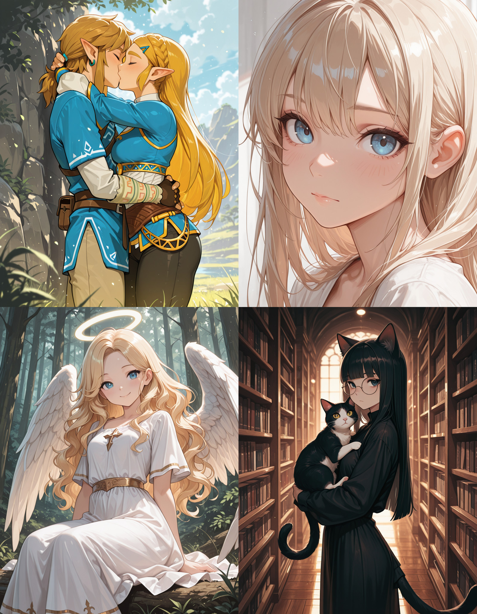 https://civitai.com/articles/8642 __ 1st image: masterpiece, best quality, 1girl, 1boy, princess zelda, the legend of zelda: breath of the wild, standing, kiss, hug, closed eyes, outdoors __ 2nd image: masterpiece, best quality, 1girl, face, portrait, looking at viewer, closed mouth __ 3rd image: masterpiece, best quality, 1girl, solo, blonde hair, wavy hair, angel, angel wings, halo, smile, sitting, forest, white dress __ 4th Image: masterpiece, best quality, 1girl, solo, long hair, black hair, blunt bangs, straight hair, round eyewear, cat girl, cat ears, cat tail, standing, holding cat, cat, looking at viewer, library, dark, dim lighting