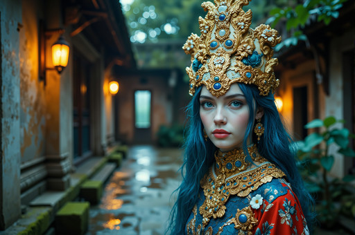 Cinematic portrait photography with a shallow depth of field, illuminated by soft, ethereal frontal lighting. Masterpiece, 8k, intricately detailed, hyperrealistic.
A serene goddess with flawless alabaster white skin and cerulean hair gazes forward with piercing intensity. She wears a magnificent, towering headdress and a matching gorget of intricate gilded gold filigree, carved with alabaster white floral motifs and inlaid with polished lapis lazuli blue gemstones. Her lips are the color of rich coral red.
She is situated in the heart of a forgotten temple courtyard at dusk. Ancient stone walls are covered in soft jade green moss, and the air is still. The blurred space behind her reveals the soft glow of distant lanterns, creating a tranquil and mystical atmosphere.
Serene divinity, gilded opulence, ancient fantasy.