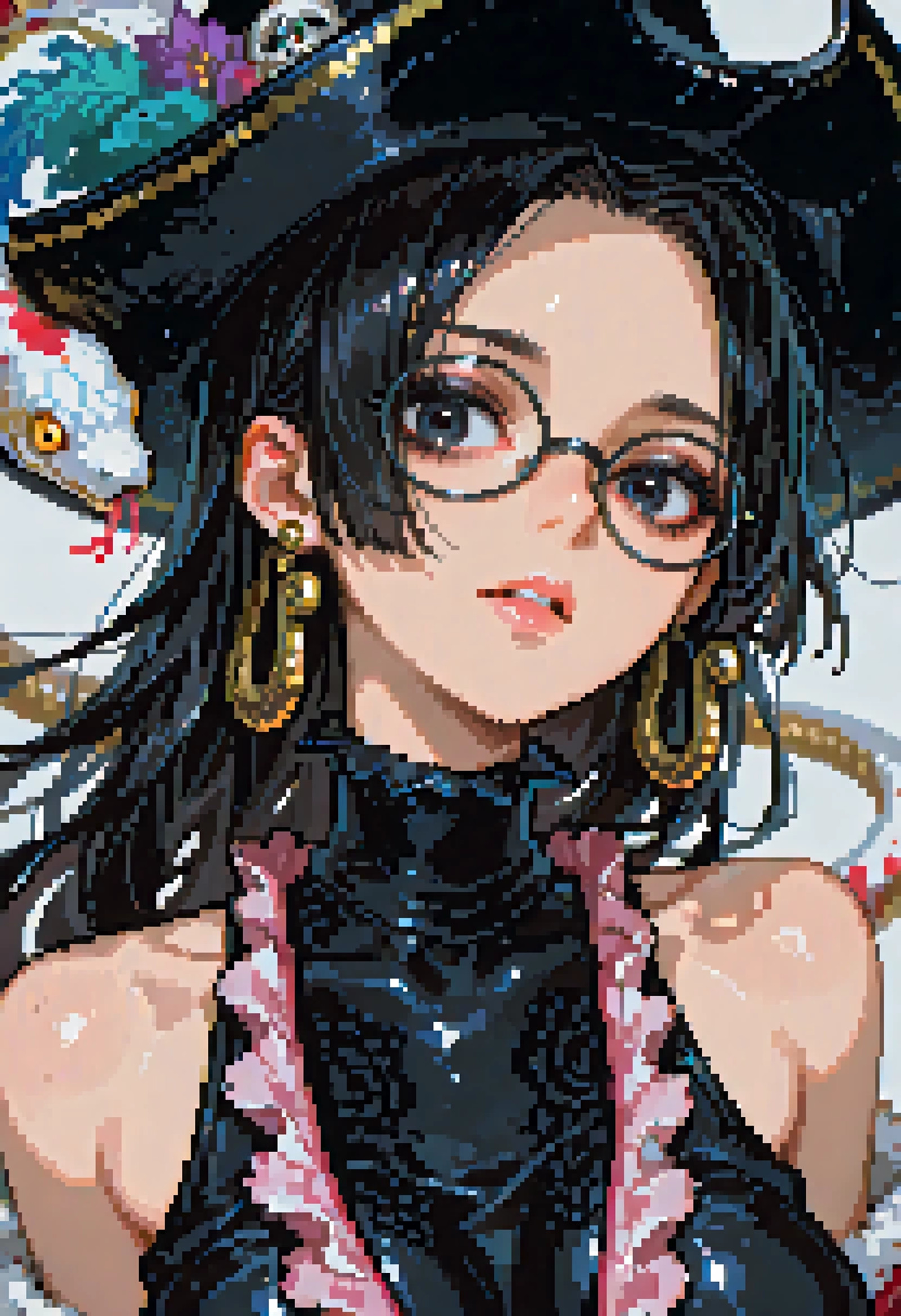 pixelart,by yogisya by demizu posuka 1girl,jewelry,earrings,glasses,simple background,portrait,parted lips,looking at viewer,white background,frills,bare shoulders,grey background,turtleneck,upper body,shirt,sleeveless,blurry,expressionless,open mouth,collarbone,depth of field,closed mouth,black shirt,majestic,Masterpiece,Best quality,boa_hancock,one_piece,1girl,sidelocks,floating_hair,parted_bangs,black_hair,long_hair,makeup,eyelashes,black_eyes,shiny_skin,hat,snake_earrings,ultra-detailed,amazing quality,very aesthetic,illustration,perfect composition,intricate details,highres,greatscore,absurdres,incredibly absurdres,dynamic angle,dynamic pose,20yo,textured,extremely detailed eyes,pretty <lora:HerrscherAGGA2025_PixelART-ULTIMATEBASE-SDXL-IL_V1:1>