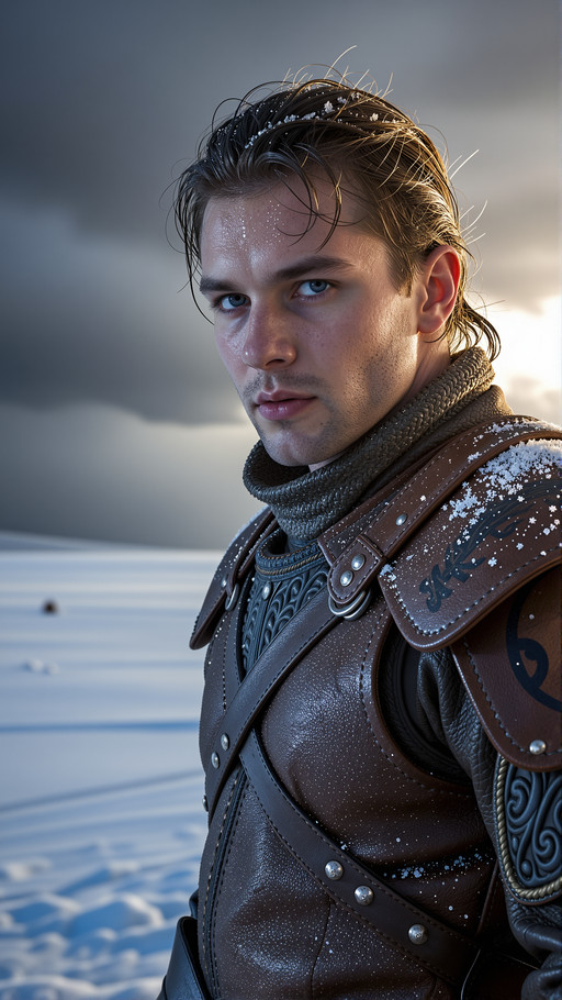 A hyper-realistic, razor-sharp medium shot captures a battle-worn warrior in his late thirties, his piercing steel-blue eyes staring directly through the camera with fierce intensity, beads of sweat and melting snow glistening on weathered skin. He stands in a vast, frozen tundra beneath an ominous slate-grey sky, icy wind whipping strands of dark, damp hair across his forehead. His intricately detailed leather and fur armor shows deep scratches, frost-coated edges, and battle-scarred patina, while subtle condensation forms on his exposed breath in the frigid air. Late-afternoon winter sun breaks through heavy clouds camera-right, casting dramatic rim lighting that outlines every hair and fiber with brilliant highlights, while cool blue ambient light from the snow fills shadows and reflects onto his face. Crystalline snowflakes drift between him and the lens, some caught mid-motion, creating depth and atmosphere as they sparkle in the backlight. The frozen ground stretches into soft-focus infinity, emphasizing isolation and scale. Style: ultra-realistic cinematic portraiture with 8K detail and subtle film grain. Mood: epic, raw, quietly defiant heroism against overwhelming odds.