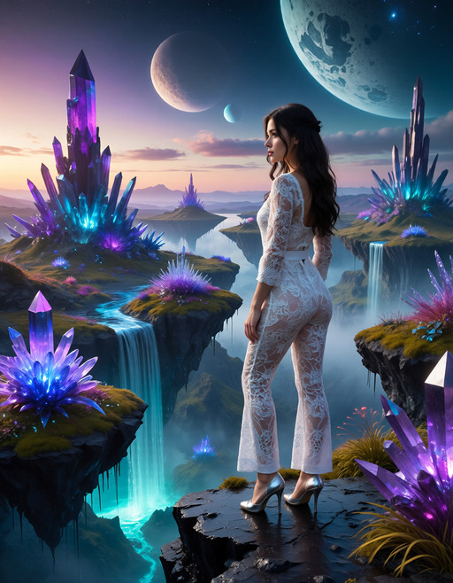 A beautiful young woman wearing an intricate white lace jumpsuit and silver stiletto heels stands on a crystalline cliff edge of an alien exoplanet, gazing in wonder at the surreal landscape before her. The sky features three moons of different sizes and colors, while bioluminescent flora emits an ethereal glow. The terrain is filled with floating islands covered in iridescent vegetation, towering crystal formations in vibrant purples and blues, and streams of liquid that defy gravity.