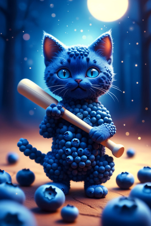 a cute cat with baseball bat . surreal fantasy scenery. . blueberrym0rph. blueberrym0rph, made out of blueberries, dotstyle, bokeh, glowing