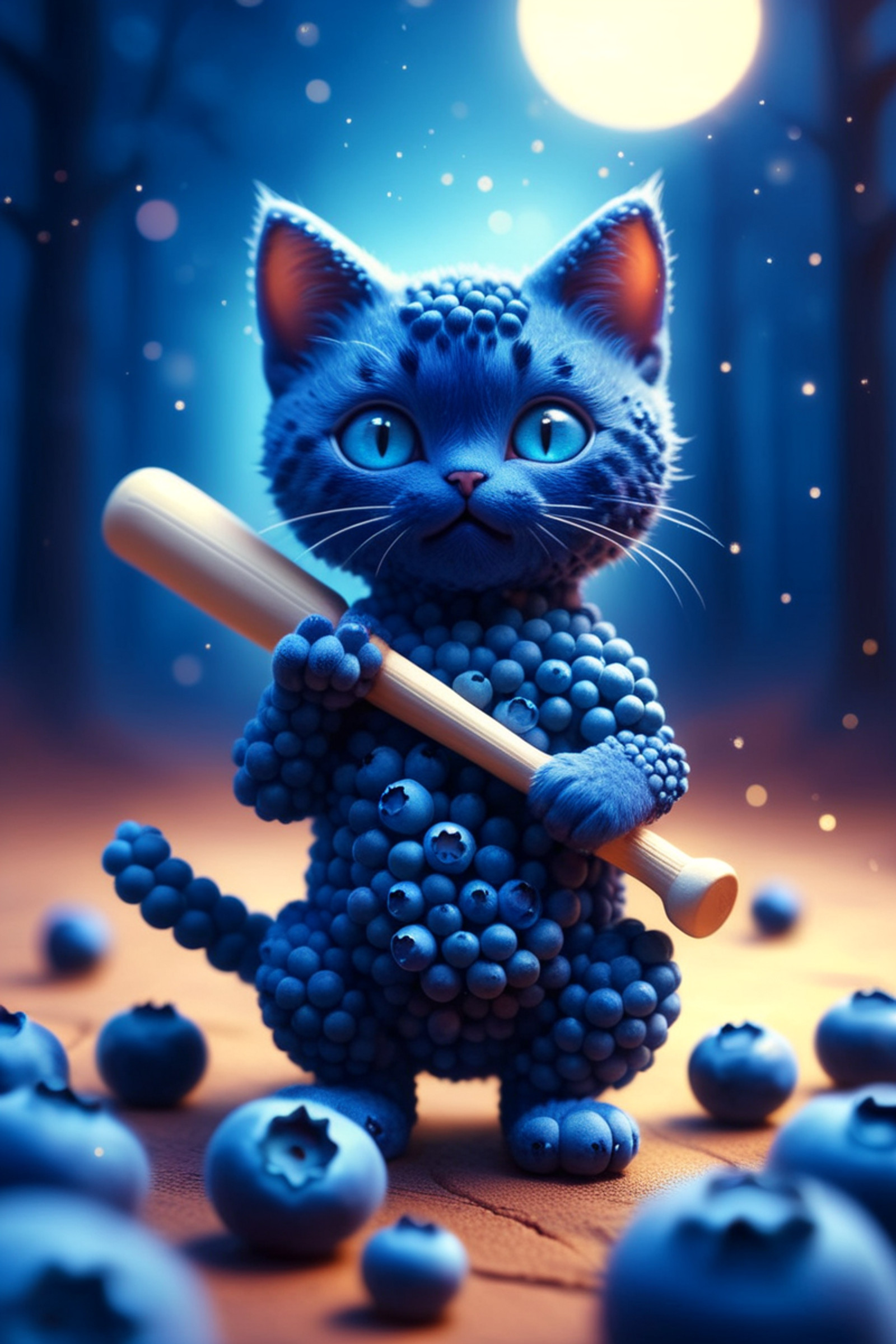 a cute cat with baseball bat . surreal fantasy scenery. . blueberrym0rph. blueberrym0rph, made out of blueberries, dotstyle, bokeh, glowing