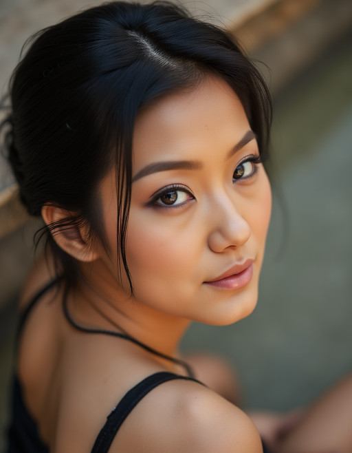 "Breathtaking over the shoulder shot photography of a Bhutan woman looking at viewer, necklace, looking over shoulders, eyelashes, fine hair detail, entire hairstyle visible, perfect eyes with iris pattern, sensual lips, nose, (perfectly sharp:1.3), realistic textures, (deep focus, focus on background:1.5), 8k uhd, dslr, ultra high quality image, film grain, Fujifilm XT3 <lora:Bhutan:1>"