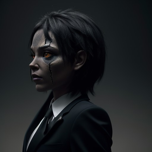 A cinematic scene is a 3D rendering of a humanoid creature with a large, articulated head and a long, pointed beak. The creature's head is covered in a textured, greyish-brown skin with cracks and cracks, giving it a wrinkled appearance. The eye of the creature is large and round, with a black pupil in the center. The beak is long and curved, with sharp edges and a pointed tip. It has a black beak protruding from the top of its head. On its right side of the head, there are long, thin, spiky spikes that are blue and black in color, extending upwards and downwards towards the right side. with a cinematic backdrop of, there is a smaller, dark, textured surface that appears to be a darker shade of grey or black, creating a contrast with the lighter tones of the reptile's skin and the darkerness of the background. The figure is wearing a dark suit jacket with a white shirt underneath, and a pattern of thin, vertical lines appears vividly on the suit jacket. The overall tone of A cinematic scene is eerie and mysterious, conveying a sense of mystery and intrigue. High fidelity, realistic texture, ultra detail, cinematic tone mapping.
