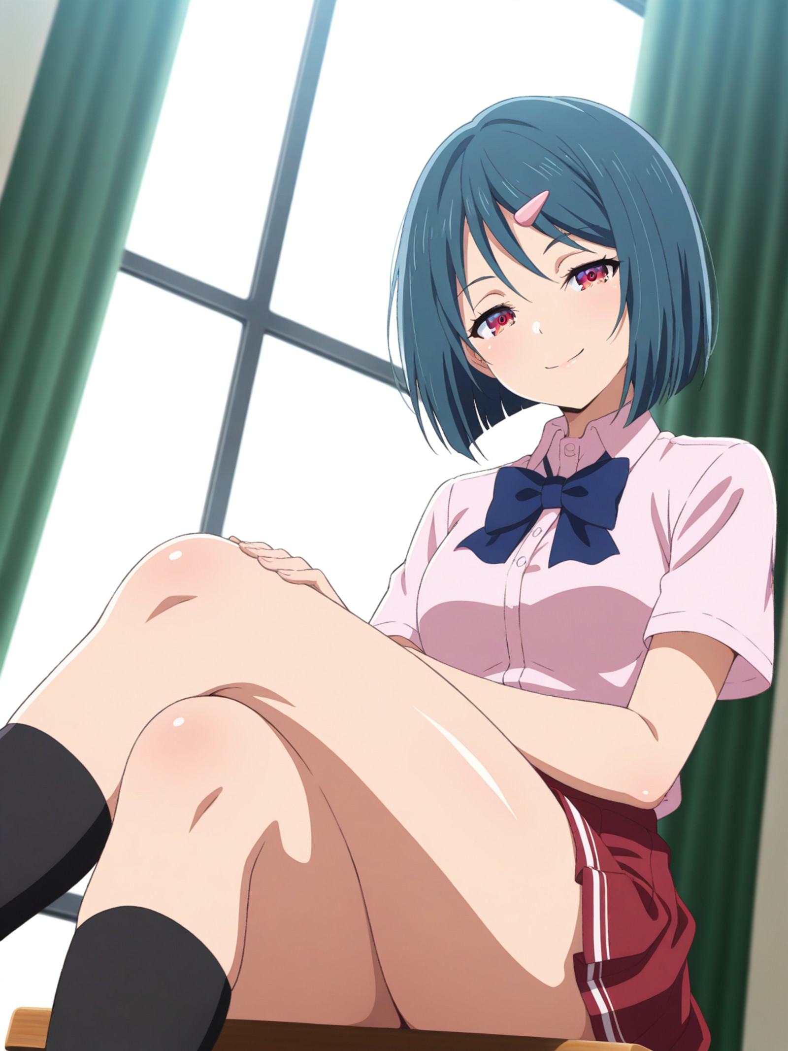 masterpiece,best quality,amazing quality,very aesthetic,absurdres,ultra detailed face,ultra detailed eyes, 4fingers, 1girl, contrast lighting, shiny skin, glossy skin, solo,
(SatsukiShinohara, red eyes, blue hair, short hair, hair clip),
pink collared shirt, short sleeves, blue bowtie, red pleated skirt, black socks,
seductive smile, thigh focus, crossed legs, low angle,