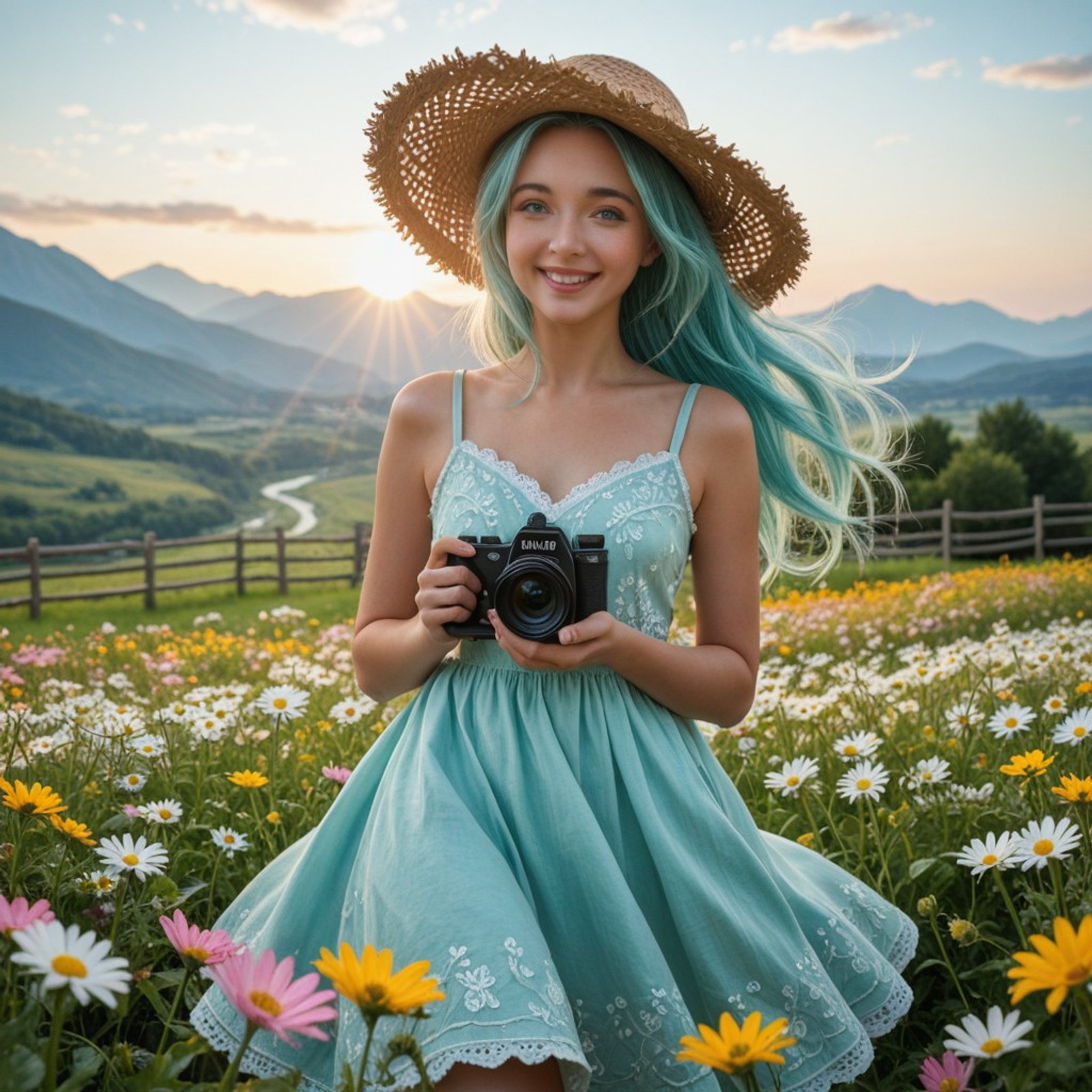 Photorealistic image of a beautiful young woman 22yo cute solo masterpiece, very aesthetic,masterpiece, best quality,score_9, score_8, score_7, @Yoneyama_Mai, 
cinematic lighting, soft sunbeams, lens flare, sparkles, light particles,
1girl, solo, Hatsune Miku, short twin-tail style light blue hair with subtle blonde highlights, bright teal eyes, joyful open smile, blushing cheeks,
wearing a light blue and white frilly summer dress with floral embroidery, straw hat decorated with daisies and blue ribbons,
holding a vintage brown film camera, standing in a vibrant flower field, dynamic pose with dress and hair blowing in the wind,
background of a sunny countryside landscape, colorful wildflowers, blue sky with soft clouds, distant lake and mountains, wooden fence, warm cheerful atmosphere, anime illustration style, vibrant pastel colors, shallow depth of field, falling flower petals, soft bokeh