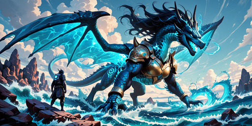 (enhanced), (stylized), (enhanced textures), perfect composition, high detail, concept art, dynamic composition, powerful warrior standing on a rocky cliff overlooking a swirling ocean, a colossal dragon spirit emerges from the water behind him, forming a vortex, digital painting, detailed, dynamic, comic book illustration, fantasy art, dramatic lighting, highly polished, muscular man with dark hair and stubble, wearing intricately designed blue and gold armor, futuristic fantasy aesthetic, confident pose, looking towards the viewer, determined expression, detailed facial features, blue glowing eyes, rocky cliff overlooking a turbulent ocean, giant swirling vortex of water and dragon energy, dramatic clouds, sea spray, cinematic sky, blue and turquoise color palette, water reflections, fantasy landscape, intricate armor details, flowing hair, dynamic water splashes, glowing energy around the dragon, detailed scales and teeth, high resolution, 8k, octane render, masterpiece, best quality, ultra-detailed, photorealistic,