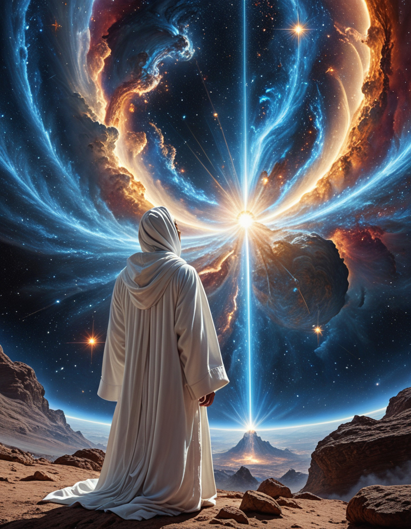 A figure in white robes watches the birth of the universe amidst nebulas, stars, and radiant arcs of light in a stunning piece
 of concept art, Smooth Quality, ArsMJStyle, Colored pencil hyperdetailed realism , <lora:clear:1>, <lora:FF.101.juggernautXL_version6Rundiffusion.LORA:0.7>, <lora:Hyperdetailed_Colored_Pencil:0.6>, <lora:SDXLDetailer:1>,