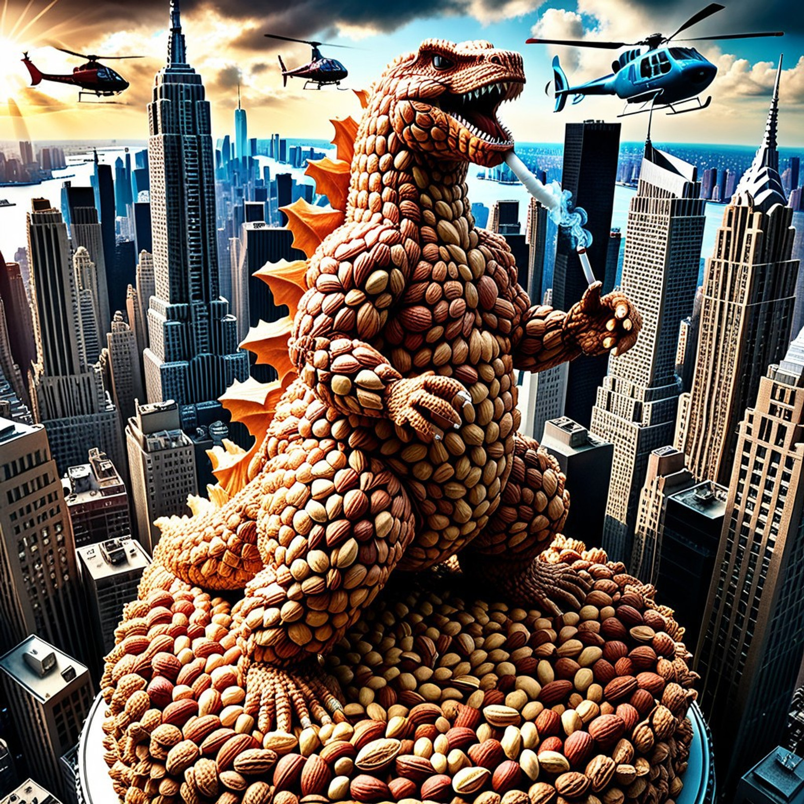 very colorful, nutstylesnut style, nutstylesnut World Morph theme, New York City made of nuts, 8k, Ultra close-up photo masterpiece, tack sharp shot, dramatic wide angle, absurdres, detailed, subject focus, ultra sharp. dramatic cinematic sun rays and dramatic weather lighting.
((Godzilla made of nuts in nutstylesnut style (climbing up a high very detailed skyscraper made of nuts in nutstylesnut style in the middle of New York City), ((Helicopters circling around Godzilla and the high skyscraper, holding a smoking giant nut))), from above, from_above, dramatic angle). detailed New York Skyline made of nuts in nutstylesnut style background, intricate motif, contrasts. looking at viewer. Ultra close-up.