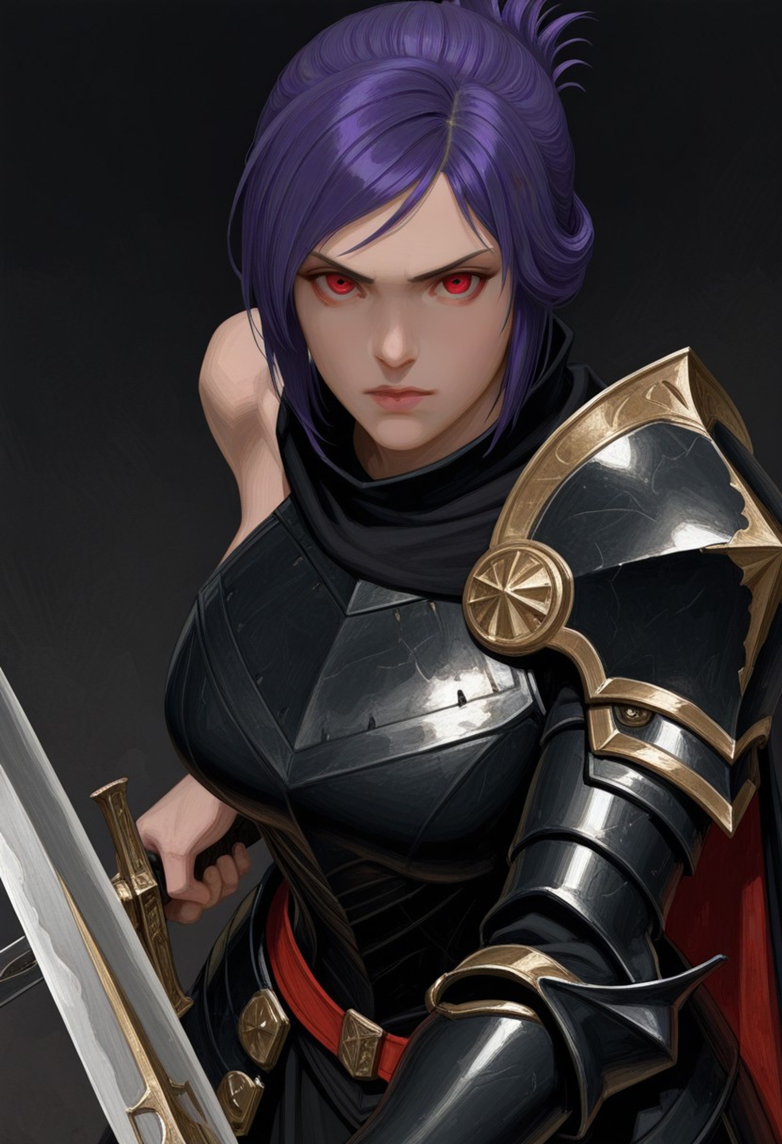 best quality, masterpiece, sfw,
n0m0, digitalsaudade, traditional media, oil painting \(medium\), painterly, texture, detailed, dark theme, 3d, realistic,
close-up shot, view from aside,
solo, holding sword, dynamic fighting pose,
1girl, 
sabia, human, purple hair, red eyes, folded ponytail,
armor, single shoulder armor, cape, single bare shoulder, clothed,
large breasts,  
looking at viewer, closed mouth,