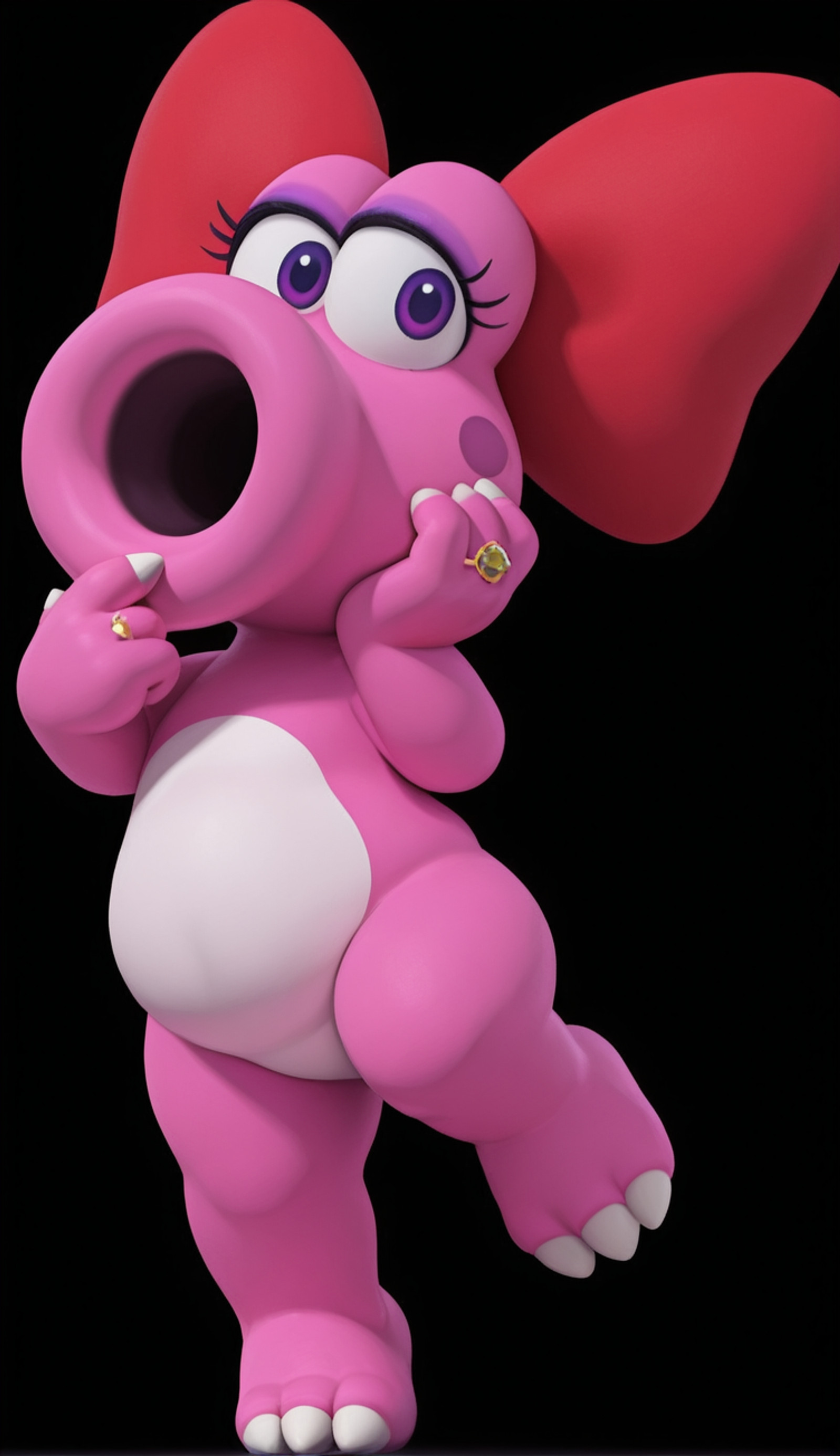 1girl, birdo (mario), anthropomorphic, pink skin, white belly, tubular mouth, large circular mouth opening, dark inner mouth, no nose, large purple eyes, thick eyelashes, wearing a giant red bow on head, wearing a large diamond ring on finger, posing, black background, 3d render style, masterpiece, high quality, chubby, Fat thighs, fat ass, smug face