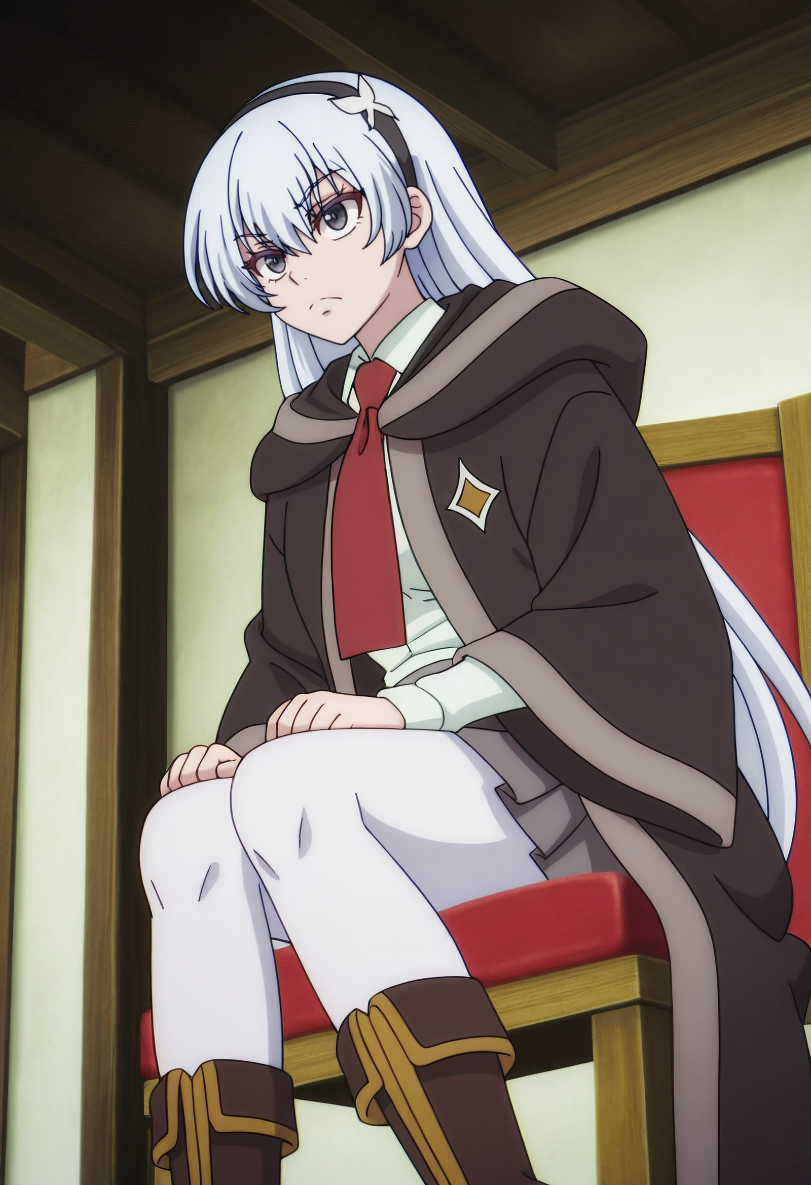    masterpiece, best quality, amazing quality, anime_screencap, anime_coloring, Frown with a deep, commanding stare, eyes wide open with intensity, nostrils flaring, a sense of control and power, MGYKrasia, long_hair, very_long_hair, hairband, black_hairband, white_hair, hair_between_eyes, grey_eyes,  solo, KrasiaSchool, school_uniform, white_shirt, red_necktie, collared_shirt, black_robe, long_sleeves, robe, black_cloak, hooded_robe, open_robe, black_skirt, pleated_skirt, black_coat, wide_sleeves, boots, black_socks, kneehighs, hood, hood_down, brown_footwear,  sitting, on chair, from below, low-angle view, <segment:girl's face,0.55,0.2//cid=11> Frown with a deep, commanding stare, eyes wide open with intensity, nostrils flaring, a sense of control and power, MGYKrasia, long_hair, very_long_hair, hairband, black_hairband, white_hair, hair_between_eyes, grey_eyes, 