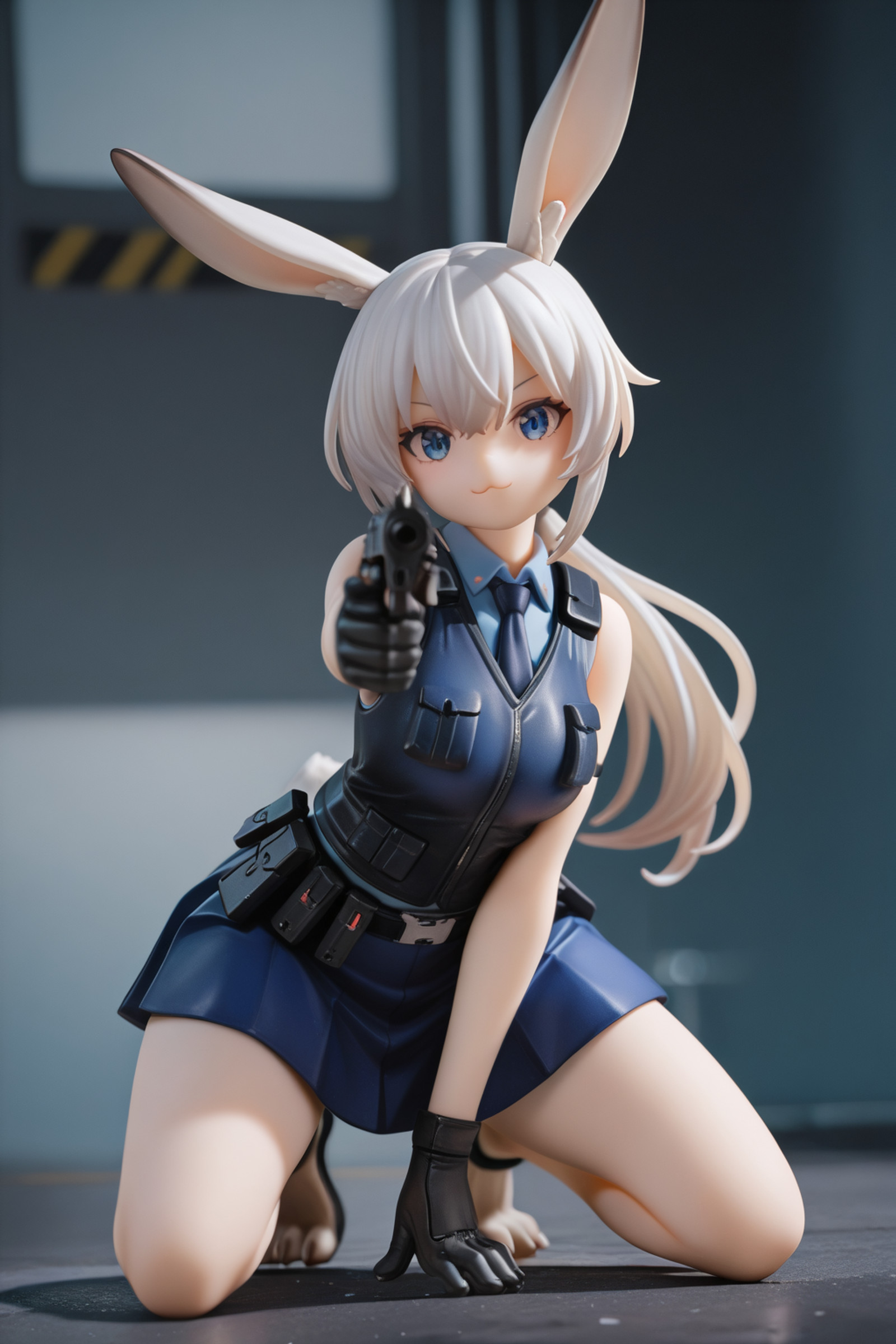 volumetic lighting, hyperrealistic art masterpiece, best quality, high quality, absurdres, very aesthetic, detailed, perfect resolution, amazing quality, newest, perfect, detailed eyes, a girl,solo, assault gear, the war, bare foot, paws,pistol in hand, police outfit, blue skirt, on the stand, sleeveless vest, aiming at viewer, detailed weapon, detailed pistol, beretta M9 smile, cute, toes, toes claws, female, furry, rabbit girl, wild assault, feral, paws, kneeling, one hand on floor, look at viewer, :3, . extremely high-resolution details, realism pushed to extreme, fine texture, incredibly lifelike, masterpiece, best quality, absurdres, 8k uhd, ultra-detailed, soft light diffusion, aesthetic lighting, depth of field, realistic skin texture, aesthetic,