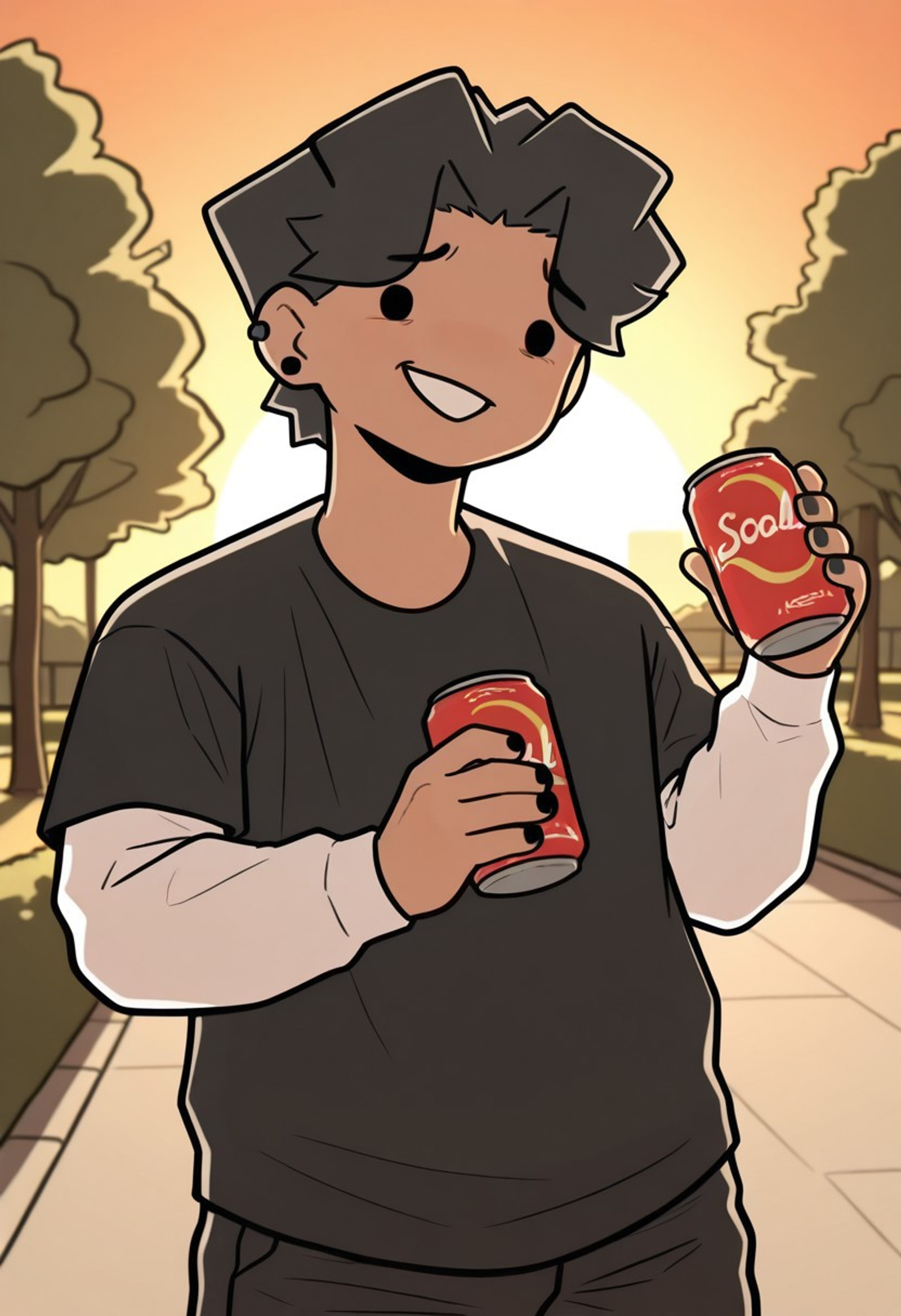 masterpiece, best quality, amazing quality, beanYT Illus, solo, 1man, dark skin, black hair, dot eyes, black eyes, smile, black shirt, white shirt underneath, white sleeves, black pants, upper body, nervous, pecs, fit male, holding a can of soda, stud ear piercing, black nails, 
Beautiful lighting, sunset, coulds, at the park,