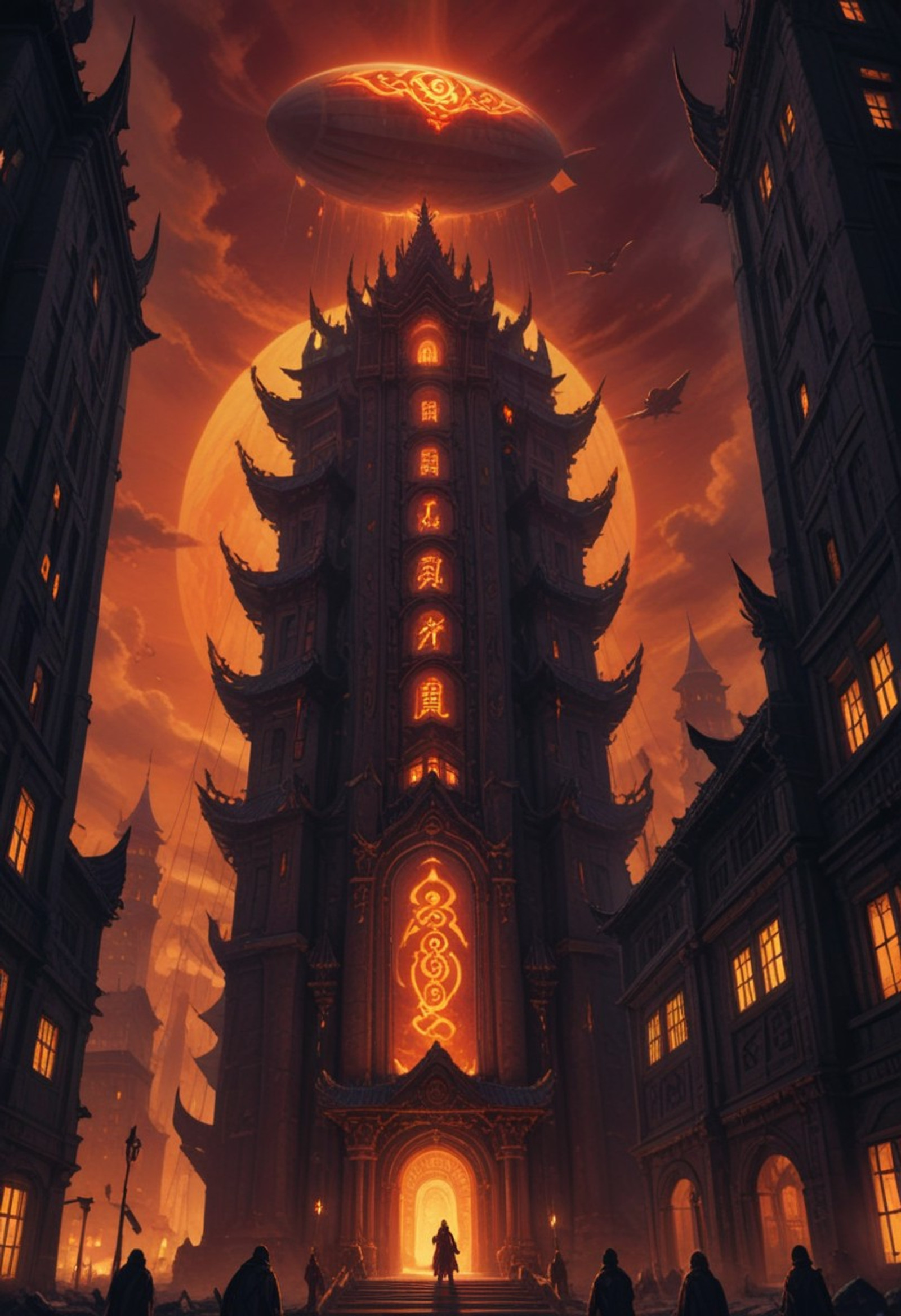 adrr shaman, 
A dark, dramatic composition featuring an illuminated building facade at night, characterized by tall columns and a central tower. A large striped blimp flies overhead directly above the structure. The windows of the building glow with warm orange light against the deep red sky. 
adrr shaman,